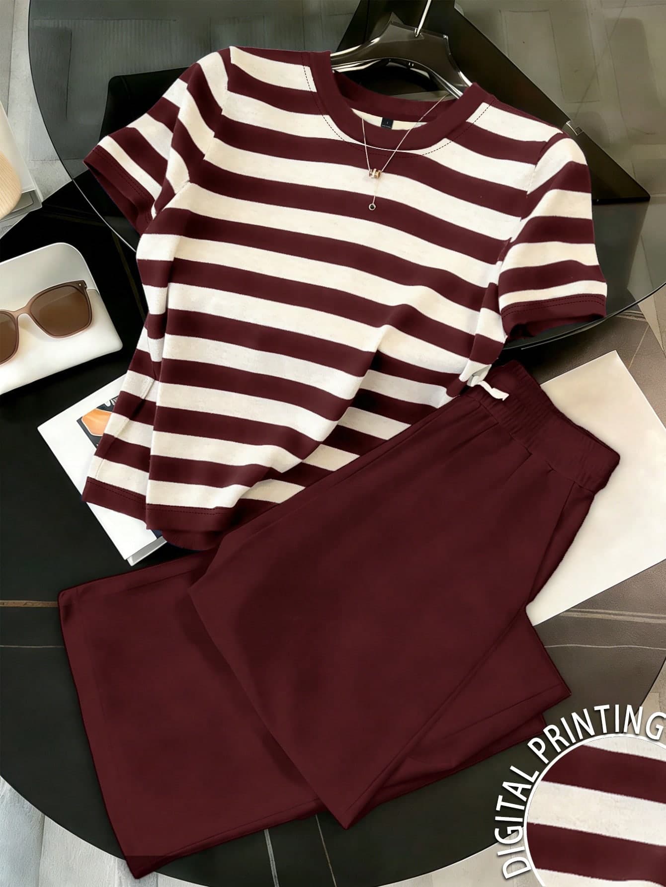 Resyla Women Striped Round Neck Short Sleeve Top And Solid Color Minimalist Daily Wear Pants Set