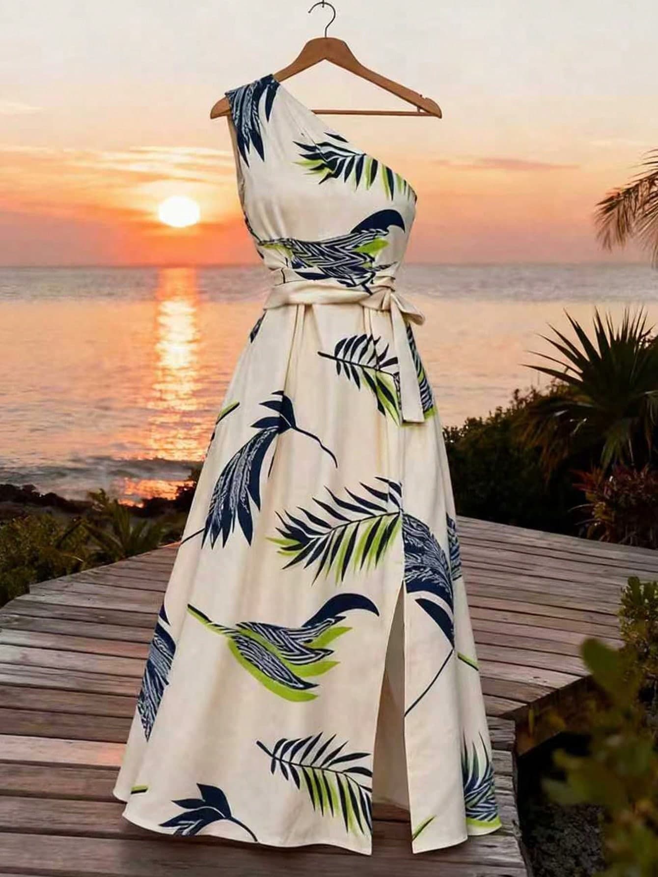 Franclia Women's Elegant One Shoulder Long Printed Dress,Light Beige,Summer,Boho,Holiday,Vacation,Holiday,Graceful Beach Fashion,Minimalist Spring/Summer Wear