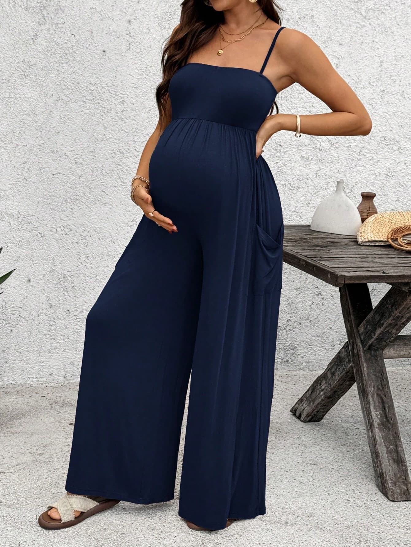 SHEIN Maternity Navy Blue Summer Smart Casual Jumpsuit,Wide Leg Pocket Overall For Pregnant Women,Babyshower Formal Maternity Outfit Yoga Zip Up Bodysuit