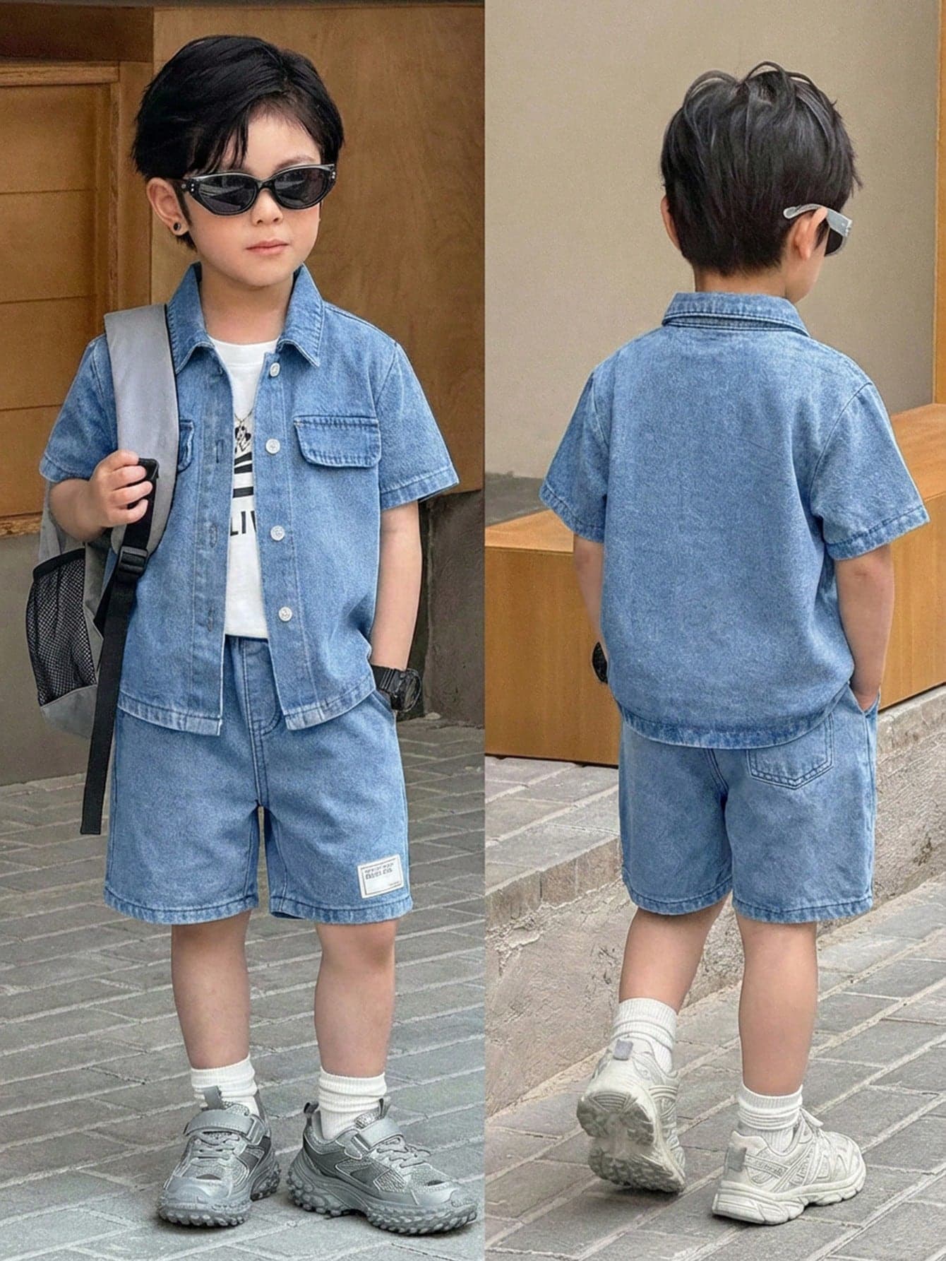 SHEIN Young Boy Summer Casual Fashionable Street Chic Daily Commute Flap Detail Short Sleeve Denim Shirt And Distressed Denim Shorts Set
