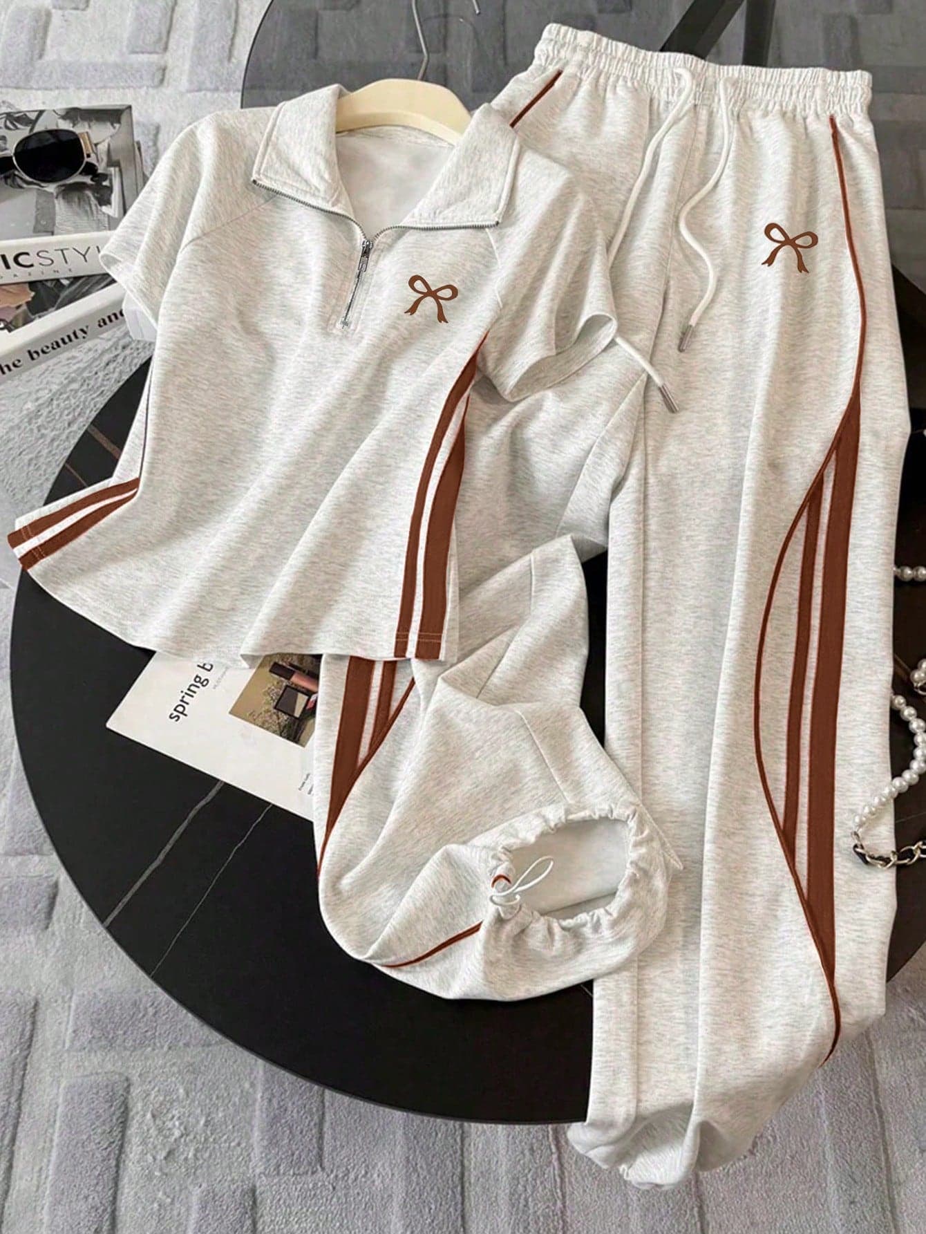 Resyla Stand Collar Raglan Short Sleeve Top + Casual Pants Set