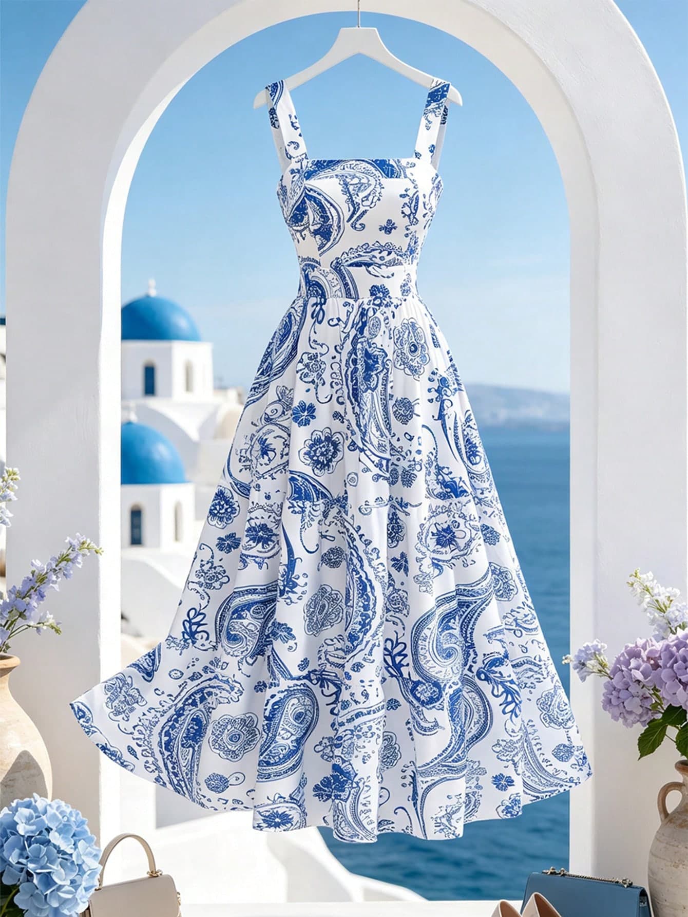 EMERY ROSE White And Blue Floral,Summer,Tropical,Garden Party,Holiday,Vacation,Holiday Paisley Cashew Flower A-Line Backless Spaghetti Strap Bohemian Dress