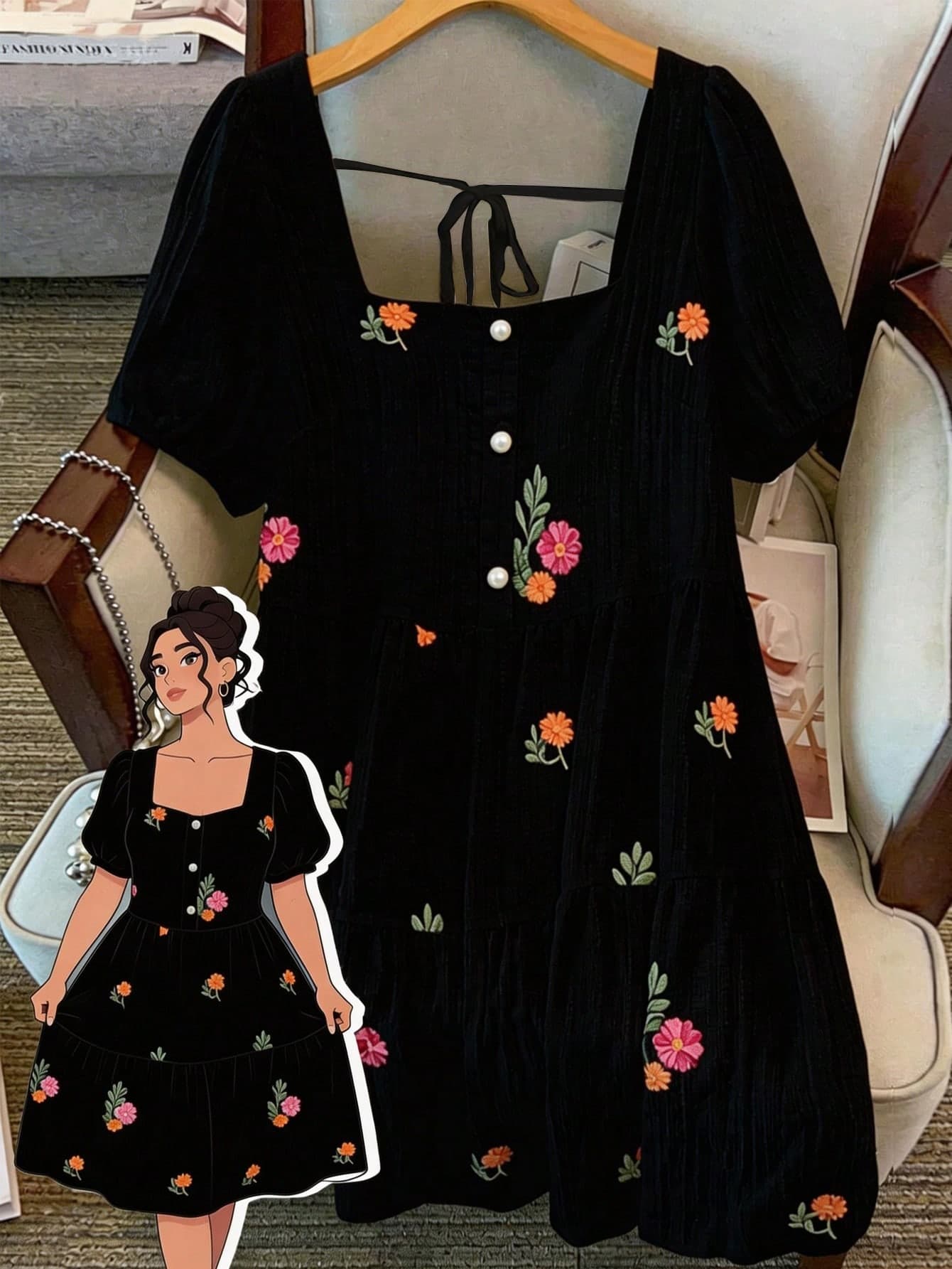 GlowEve CURVE Plus Size Women's Square Neck Elegant Embroidered Floral Dress, Exquisite Black Autumn Dress Suitable For Daily Commute And Outdoor Activities