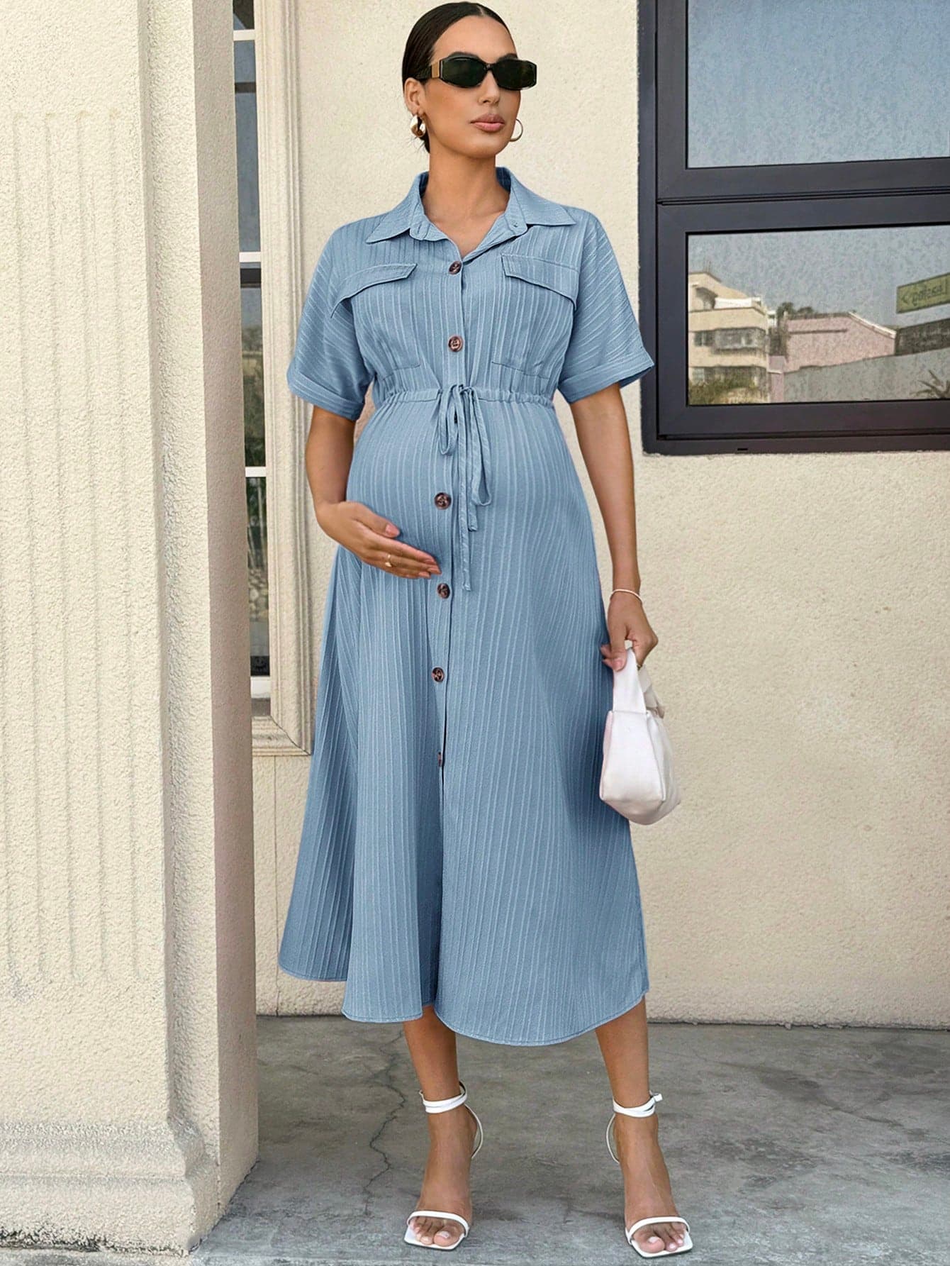 MaterniWear Maternity Batwing Sleeve Drawstring Waist Shirt Dress Dusty Blue Summer Casual Modest Spring Outfits Elegant Business Photoshoot For Women 2025