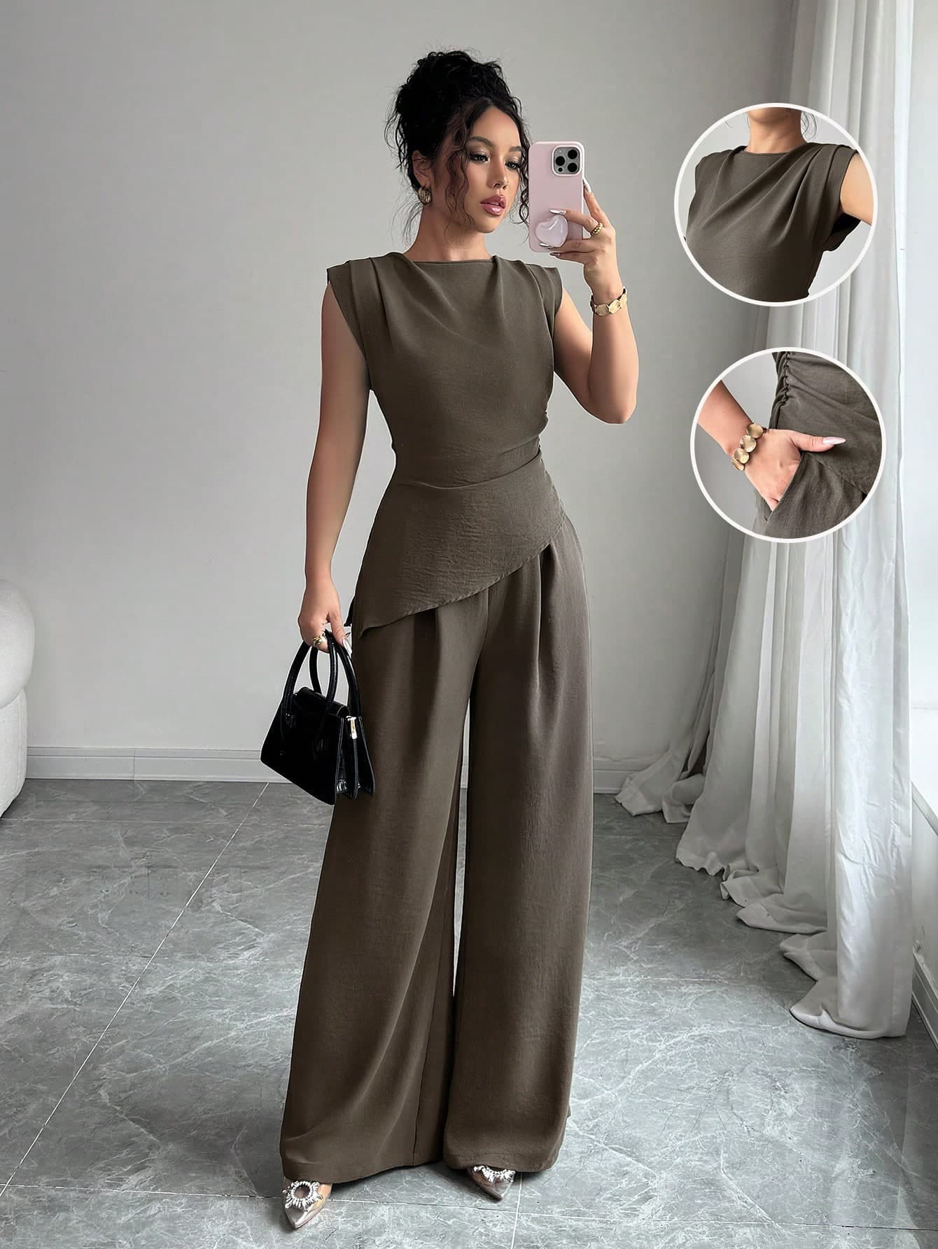 Rafferiza 2pcs/Set Women Solid Color Textured Pleated Round Neck Sleeveless Top