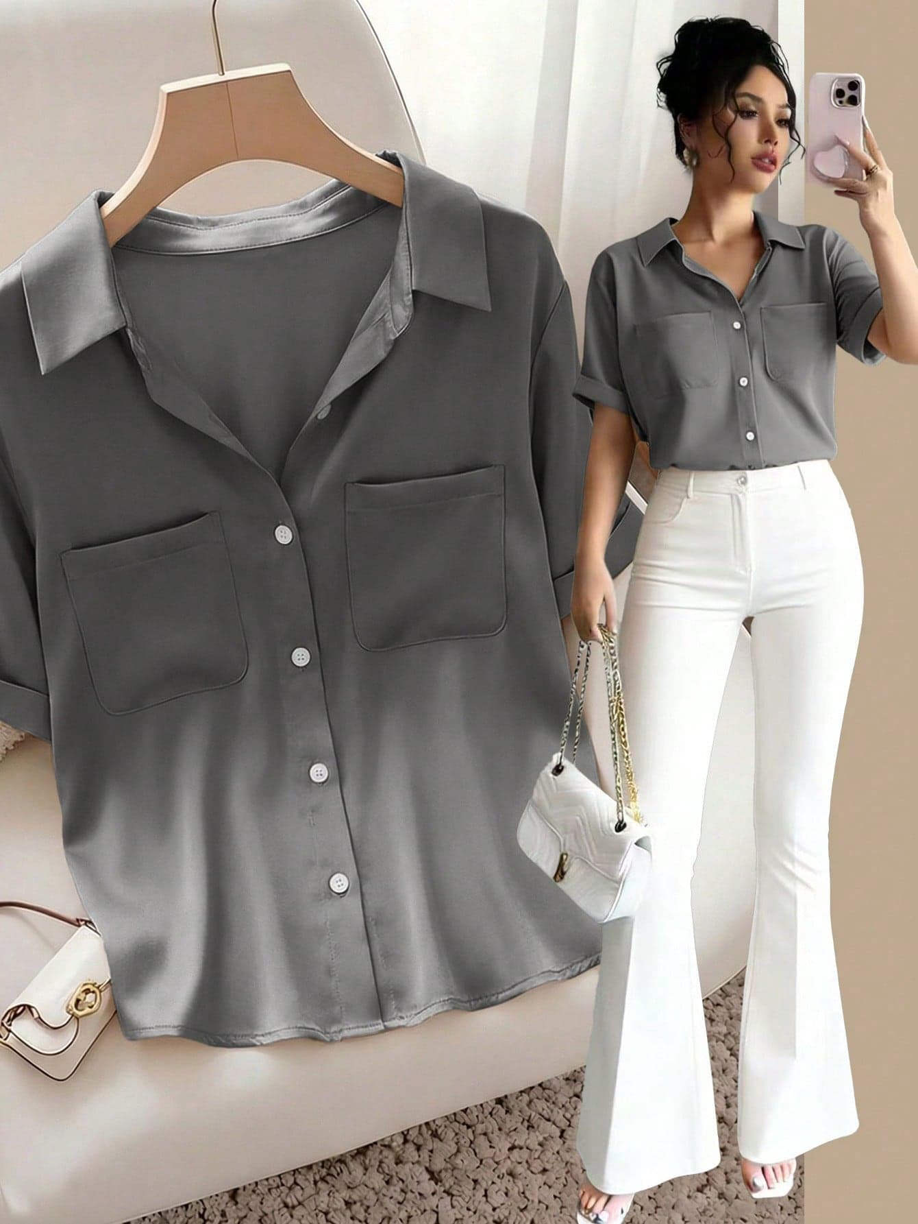 SHEIN Raffinéa French Elegant Gray Summer Minimalist Smart Casual Everyday Polo Collar Pocket Design Short Sleeve Woven Fabric Blouse For Women For Office Travel
