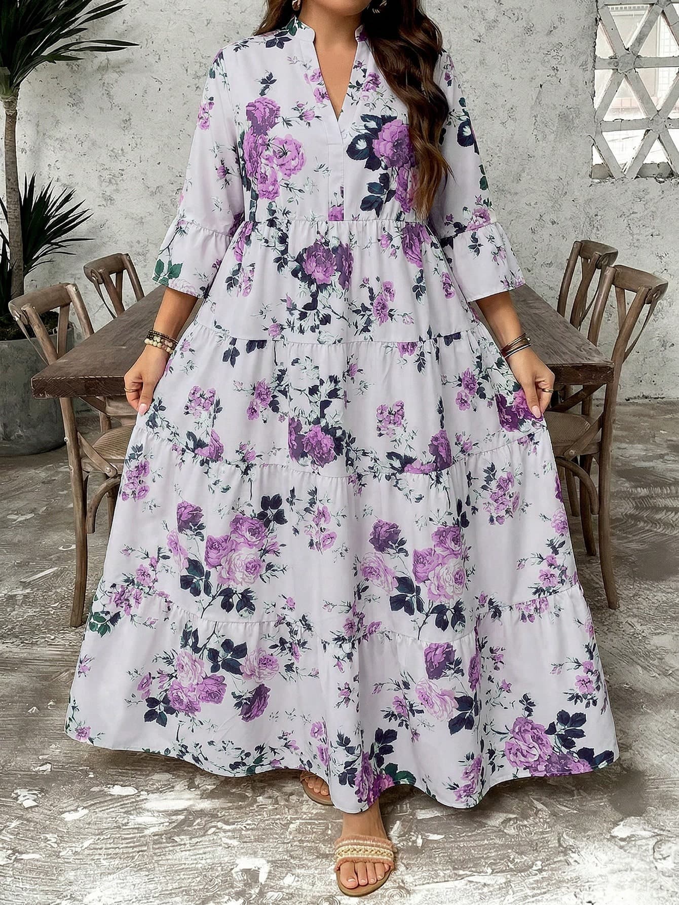 SHEIN LUNE Plus Size Women Floral Print V-Neck 3/4 Sleeve Loose Casual Boho Dress Vacation Pink Autumn Fall Vacation Vacation Vacation