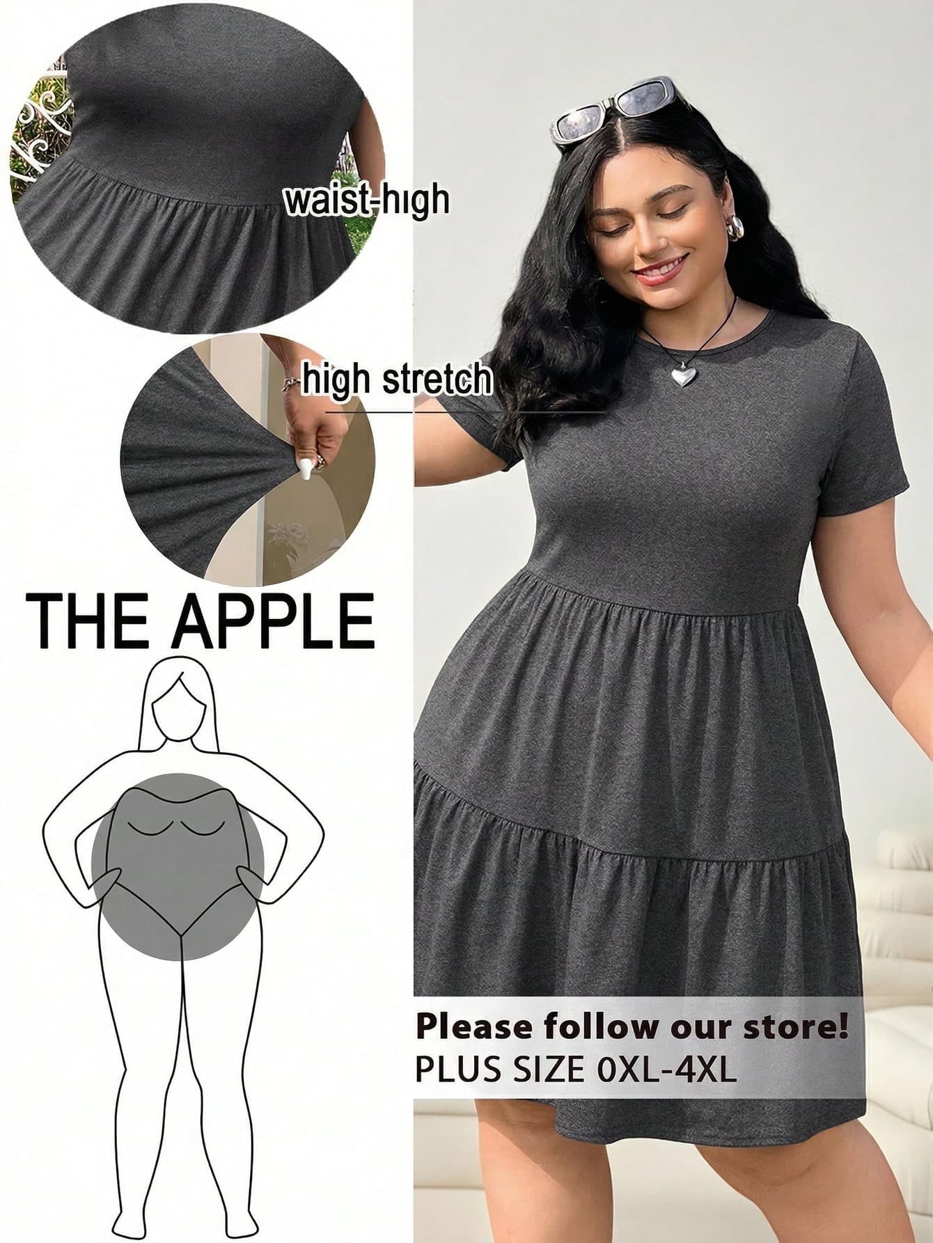 Solflare Plus Size Women Solid Color Round Neck Pleated Casual Vacation Dress