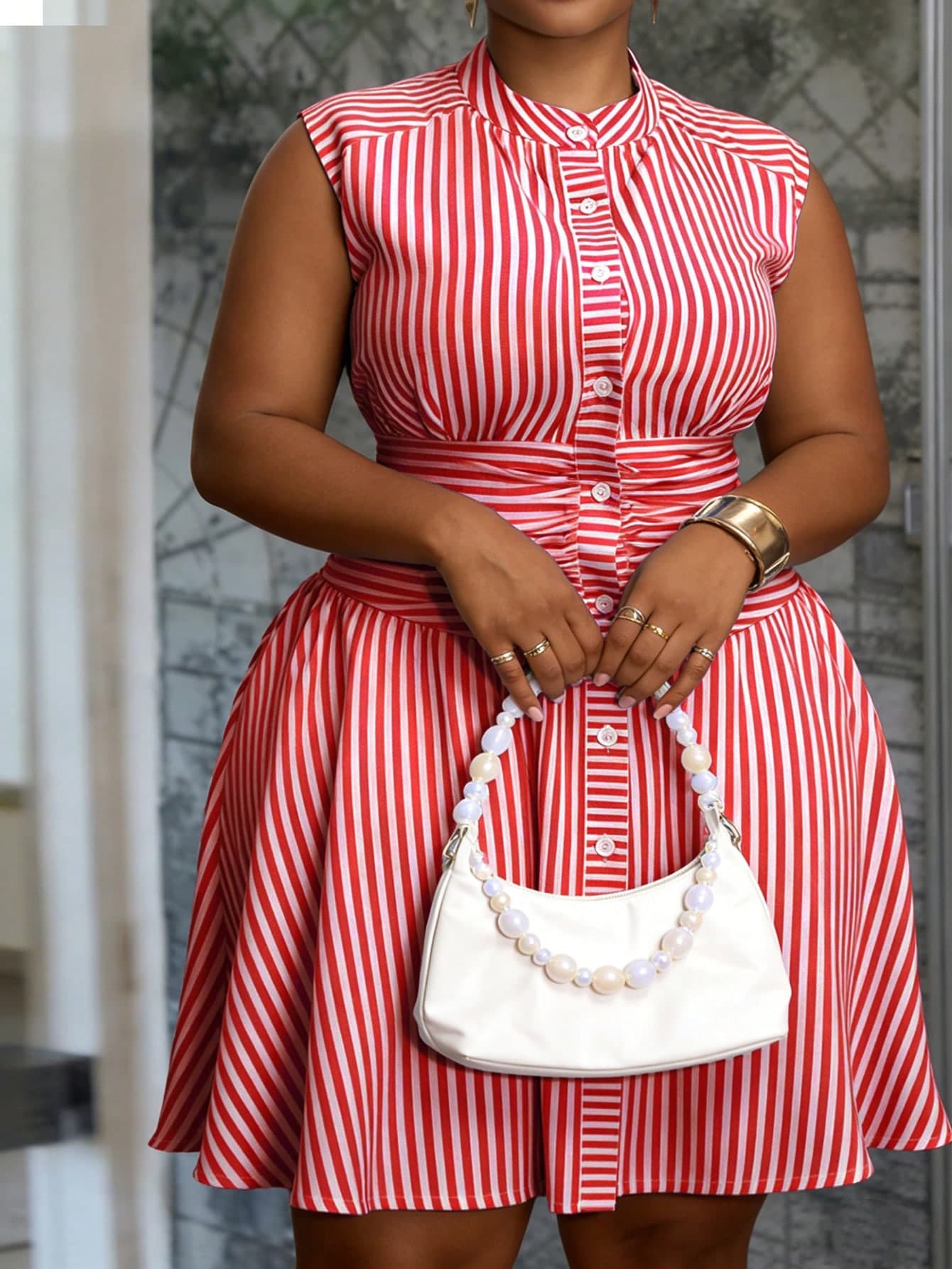 Veslaya Red And White,Summer,Elegant,Everyday Women Plus Size Sleeveless Stand Collar Open Front Shirt Dress Striped Belted A-Line Woven Fabric Mini Dresses