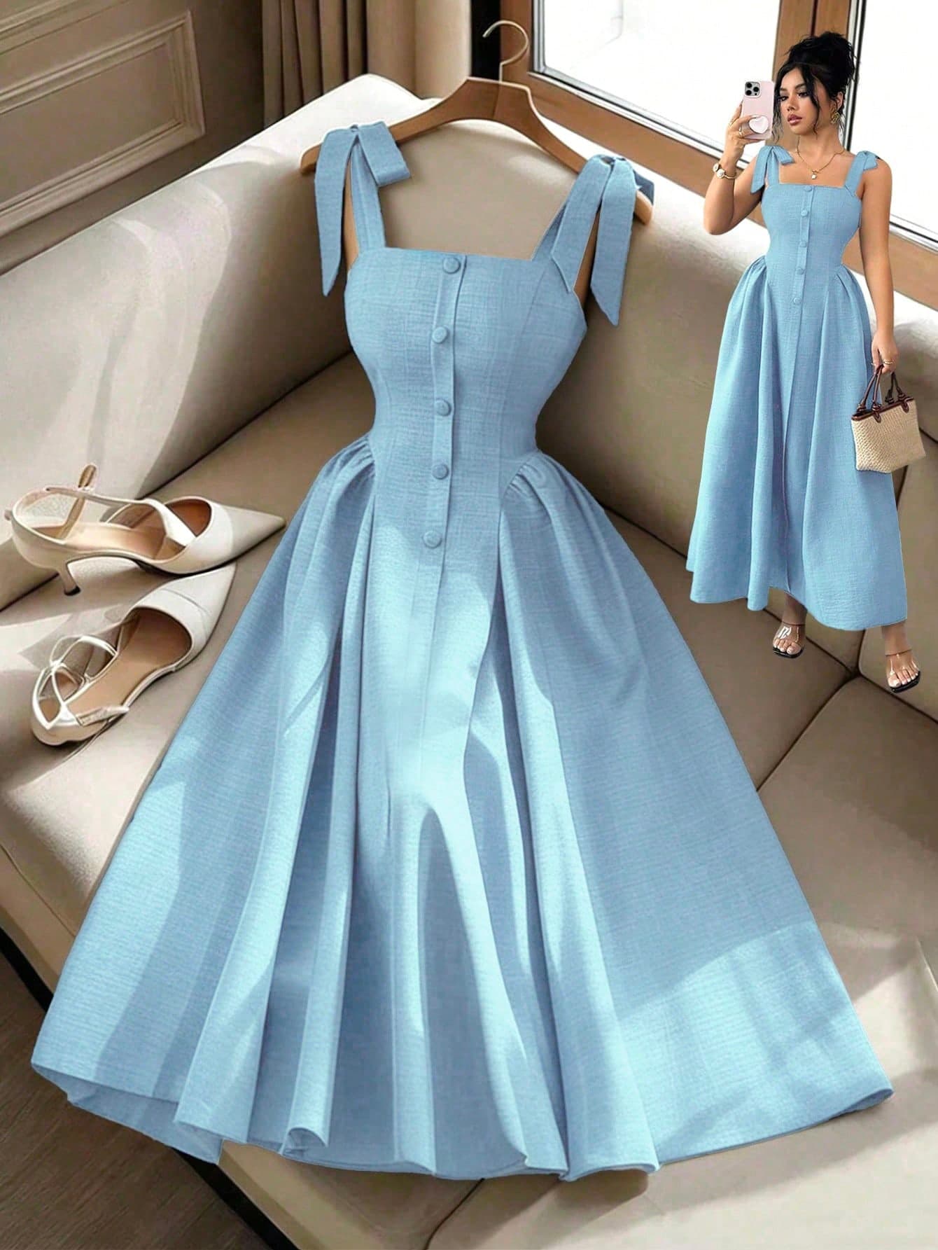 Elenzga New Arrival Tie-Shoulder Textured Bicolor Woven Midi Dress, Youthful Elegant Versatile Office Wear