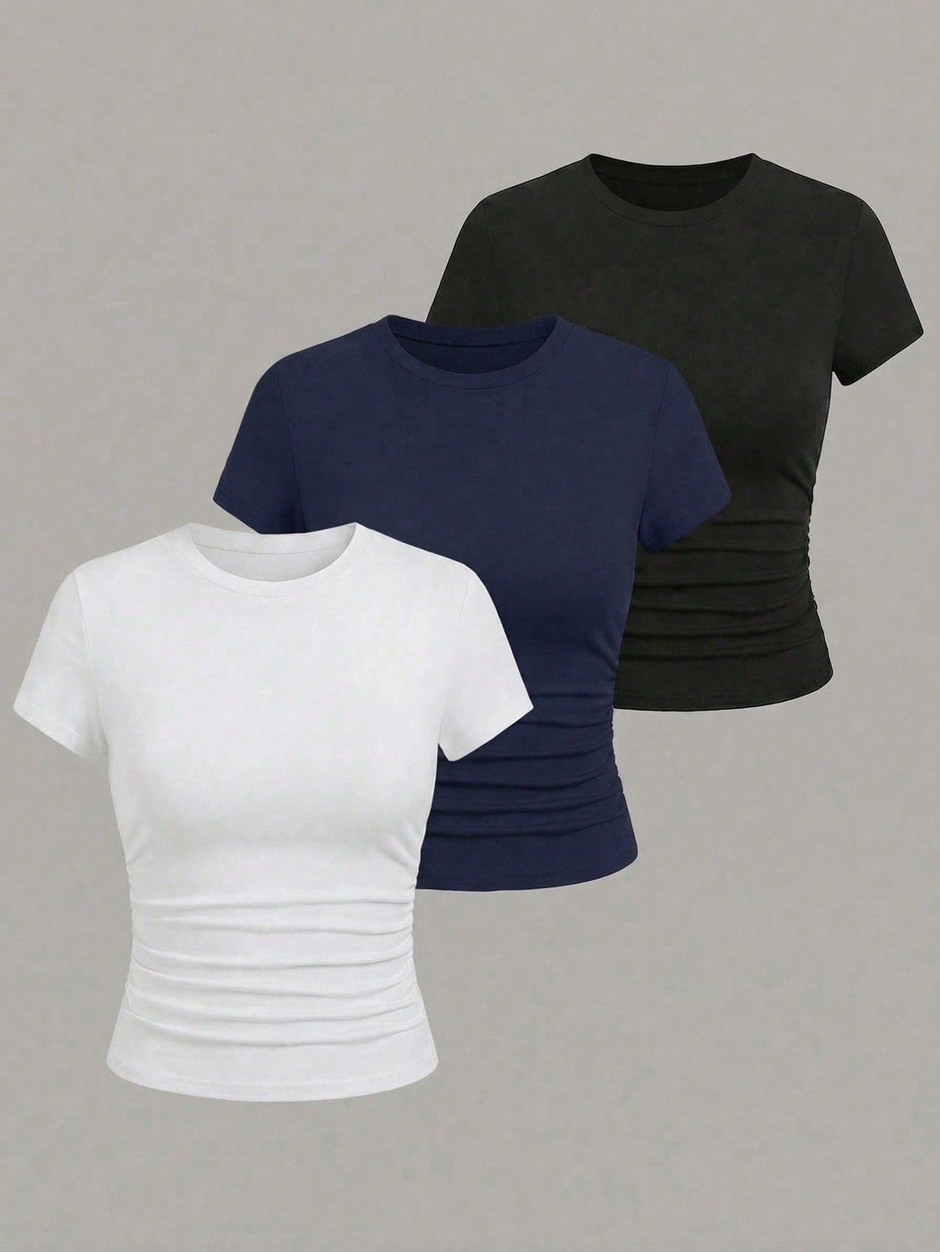 EMERY ROSE Women's Solid Color Round Neck Casual Short Sleeve T-Shirt Yoga Tops Multipack,Navy Blue And White,Summer,Chic,Vacation Fitted Jersey Body Shirts