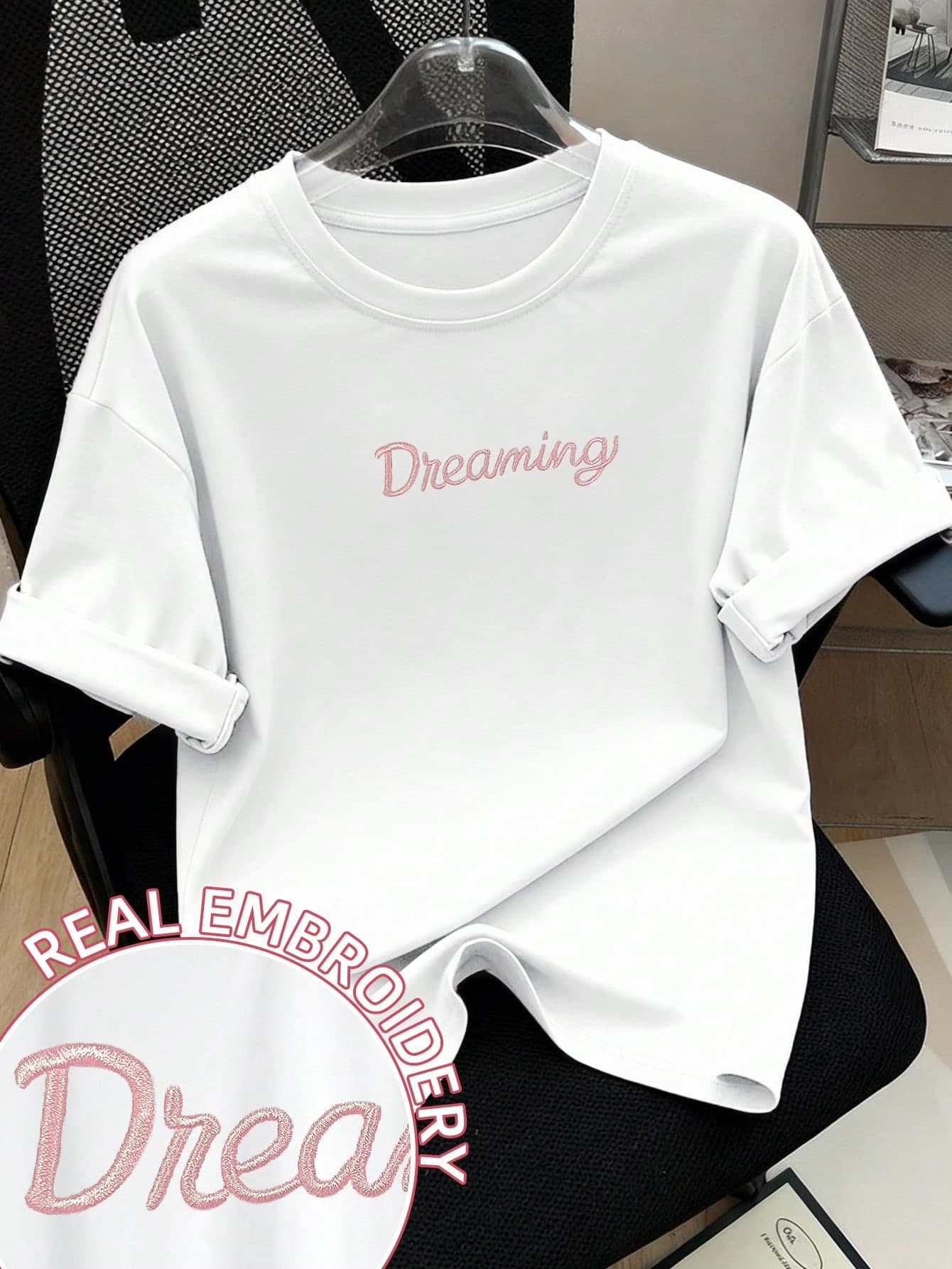 Resyla "Dreaming "Embroidery Crew Neck Casual Short Sleeve T-Shirt,Women's Pink Top