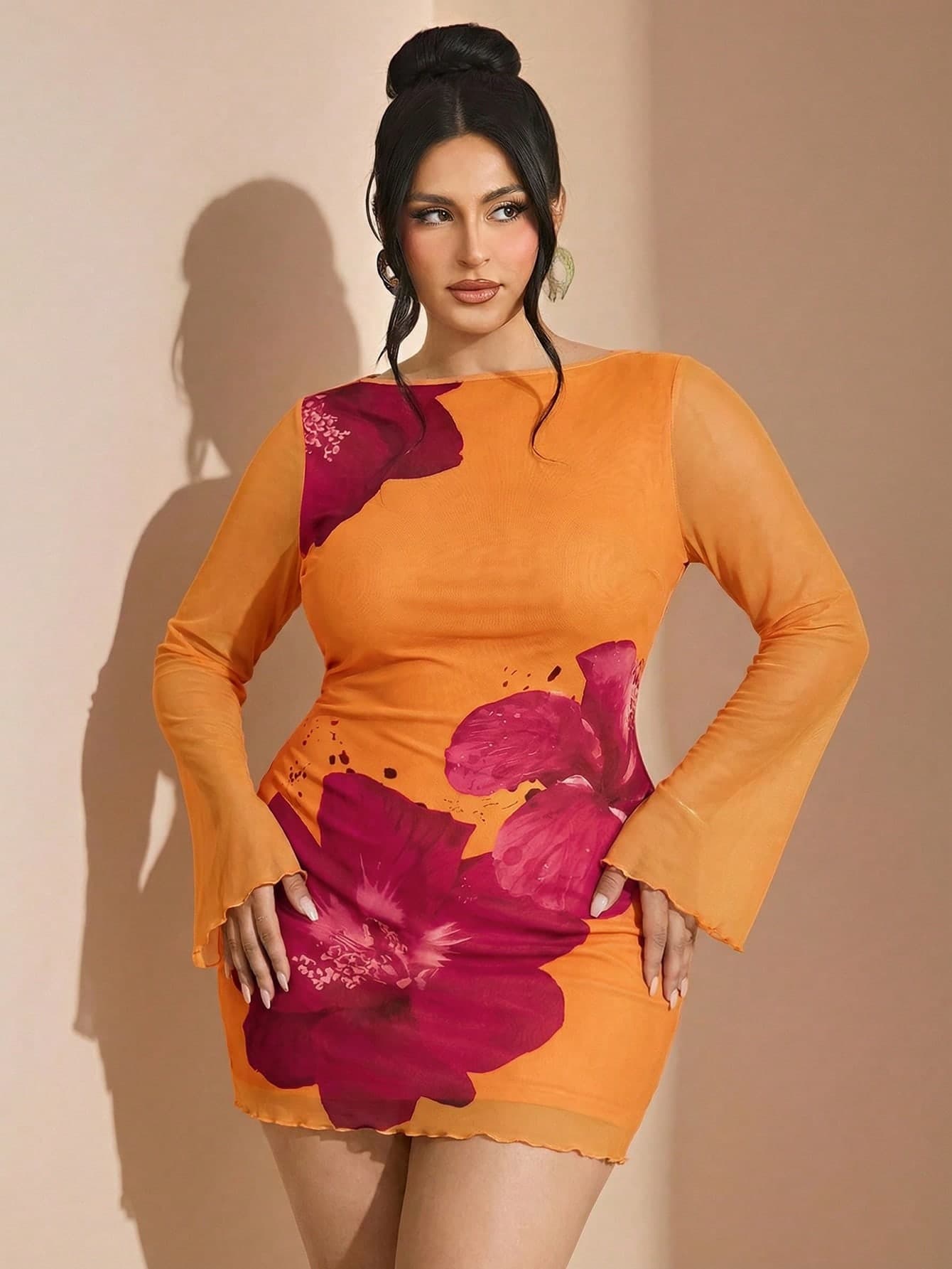 SHEIN BAE Plus Size Women's Summer Magenta Floral Mini Short Dress,Classy Night Out Club High Street French Style, Elegant Cocktail Evening Party Gown Fall