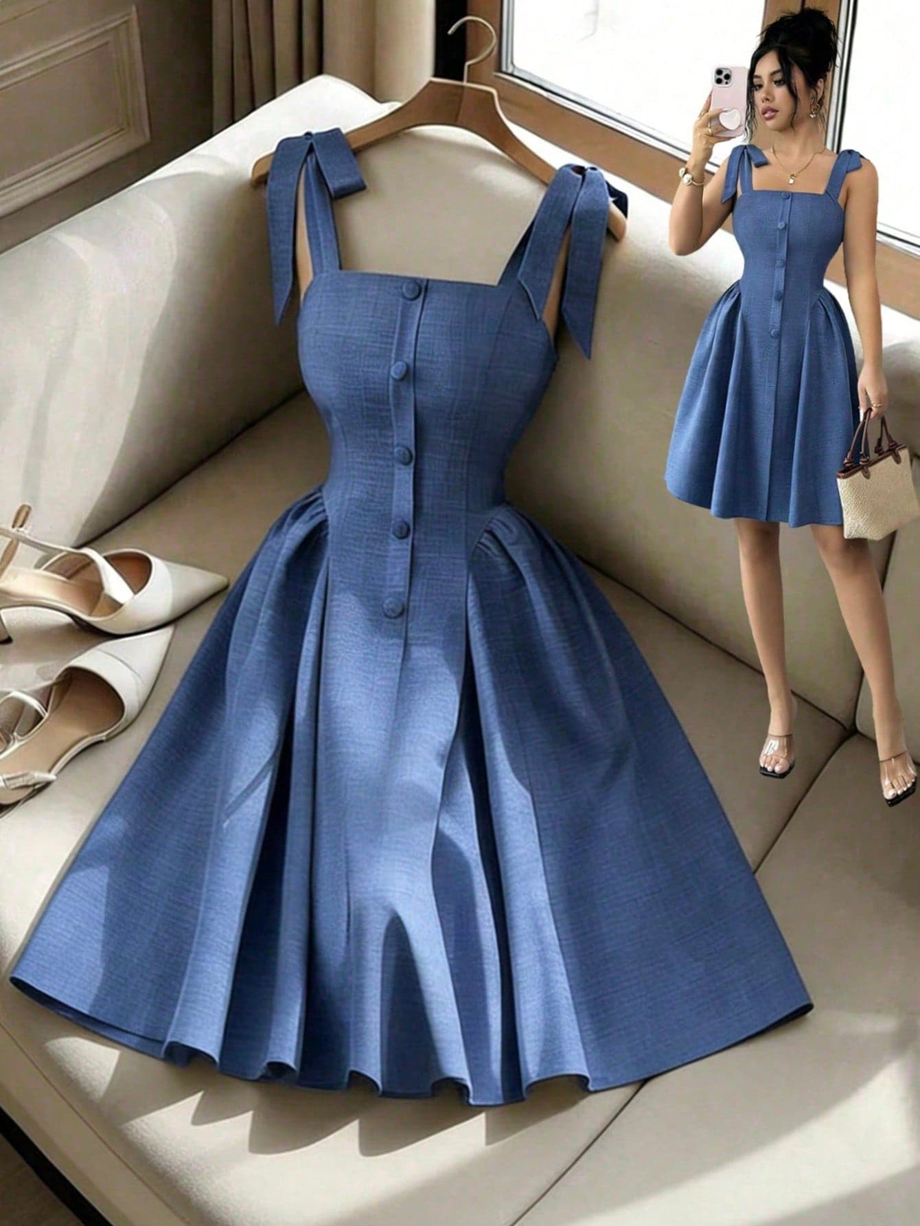 Elenzga New Shoulder Strap Tie-Up Textured Two-Tone Woven Fitted Young Elegant Commuter Versatile Women Short Dress