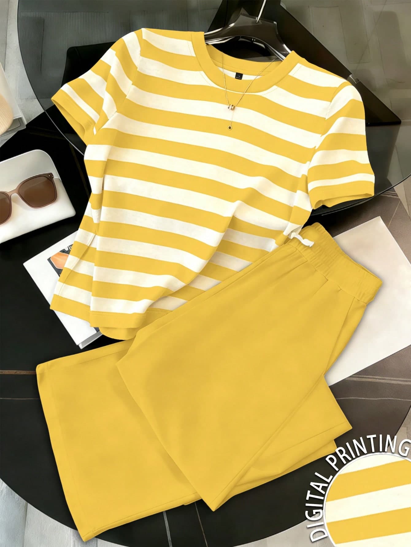 Resyla Women's Striped Short Sleeve Top And Pants 2 Pieces Casual Outfit