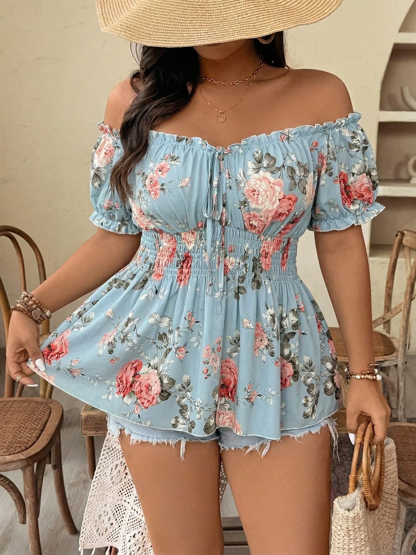Weeklong Spring/Summer New Plus Size Women's Off-Shoulder Cinched Waist Floral Print Elegant Fashionable Blouse, Suitable For Dates, Travel, Etc.