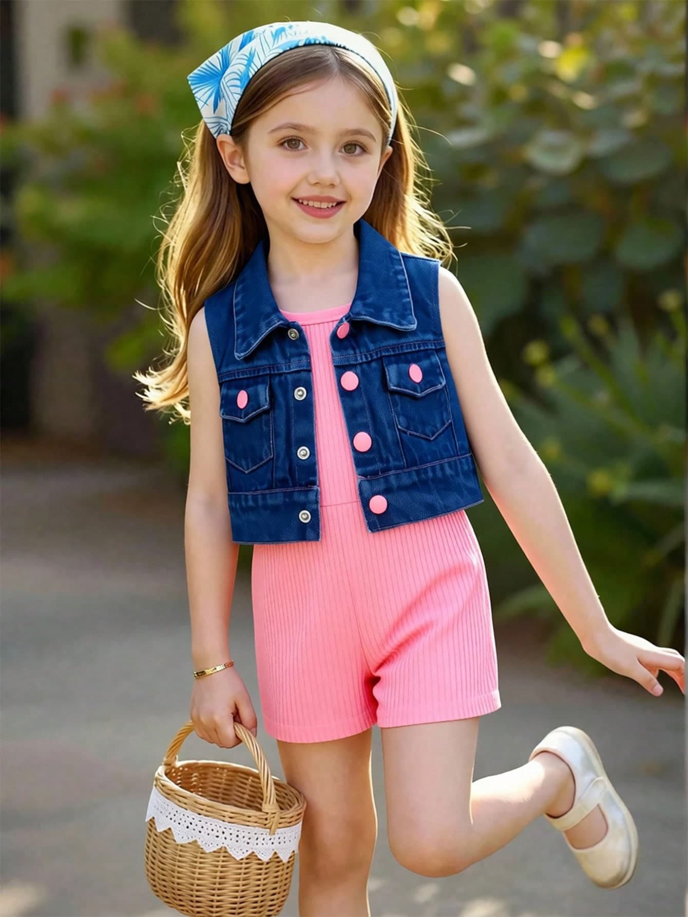SHEIN Young Girls Summer Outfit,Navy Blue Baby Pink Ribbed Knit Camisole Romper Set With Sleeveless Denim Vest Jacket,Retro Vacation Clothes
