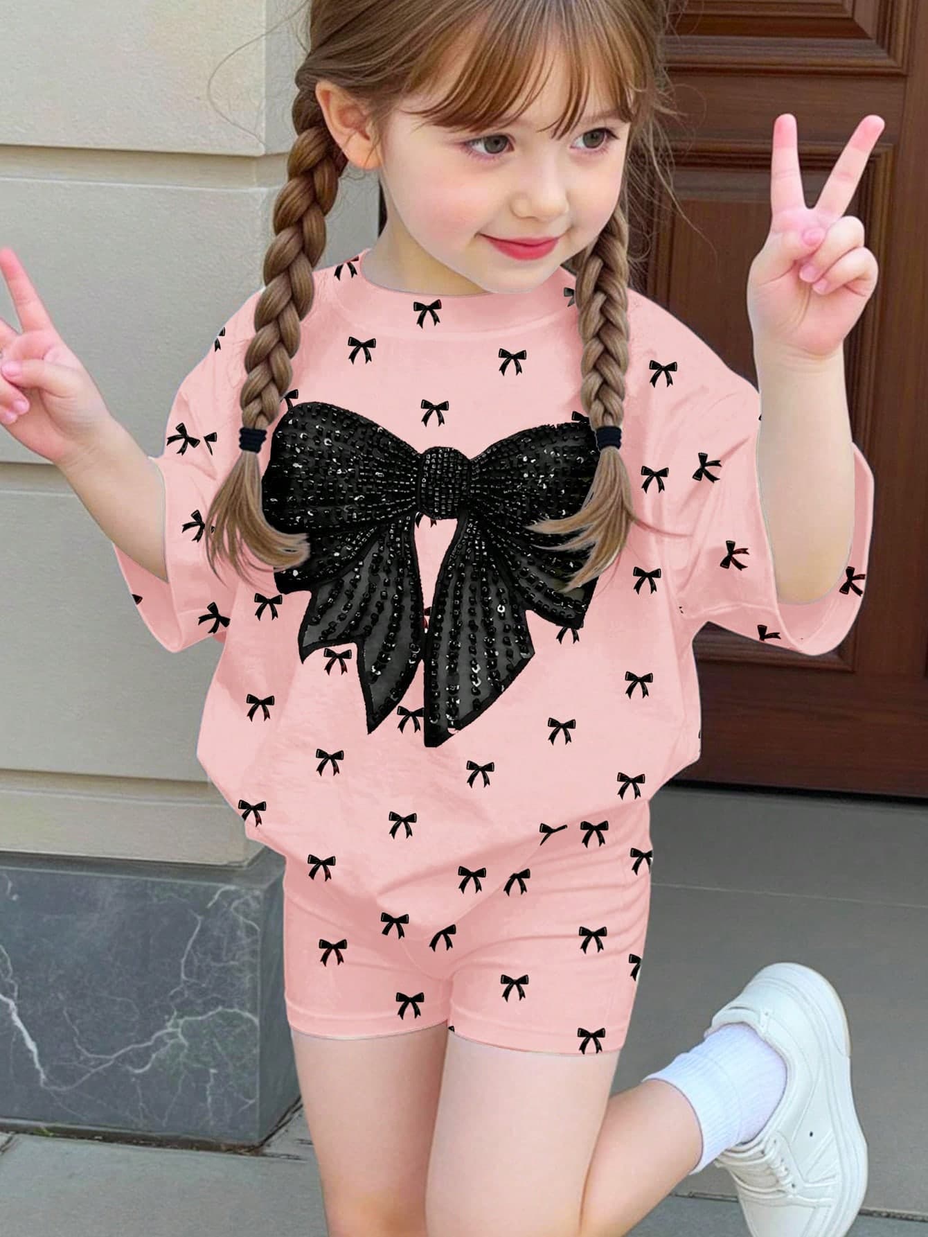 Young Girl Summer Casual Vacation & Commute Sweet Cute Bow Sequin Mesh Splice Drop Shoulder Loose T-Shirt And Shorts Set