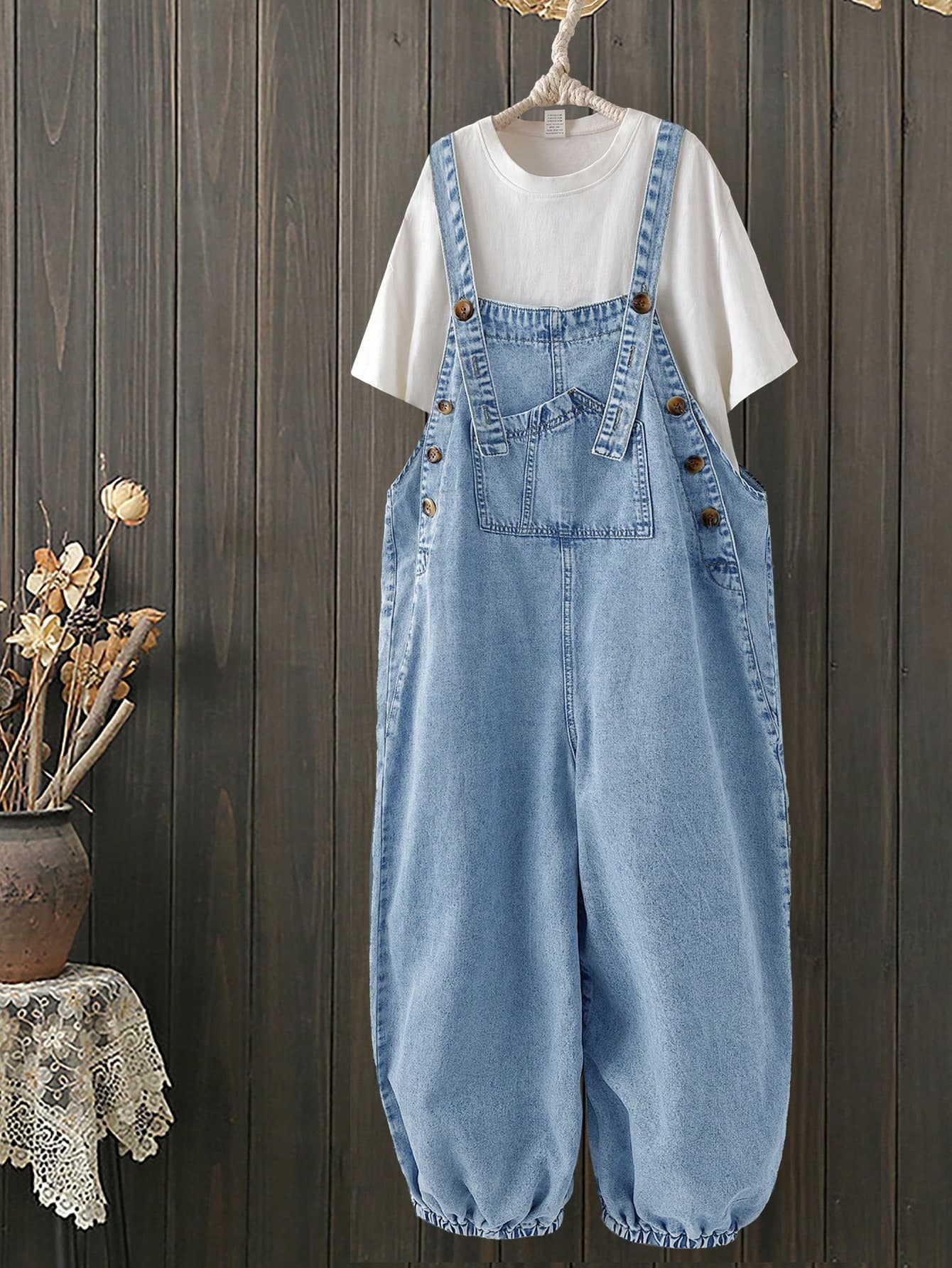 EMERY ROSE EMERY ROSE Women's Button Pocket Loose Casual Denim Bib Overall Jumpsuit