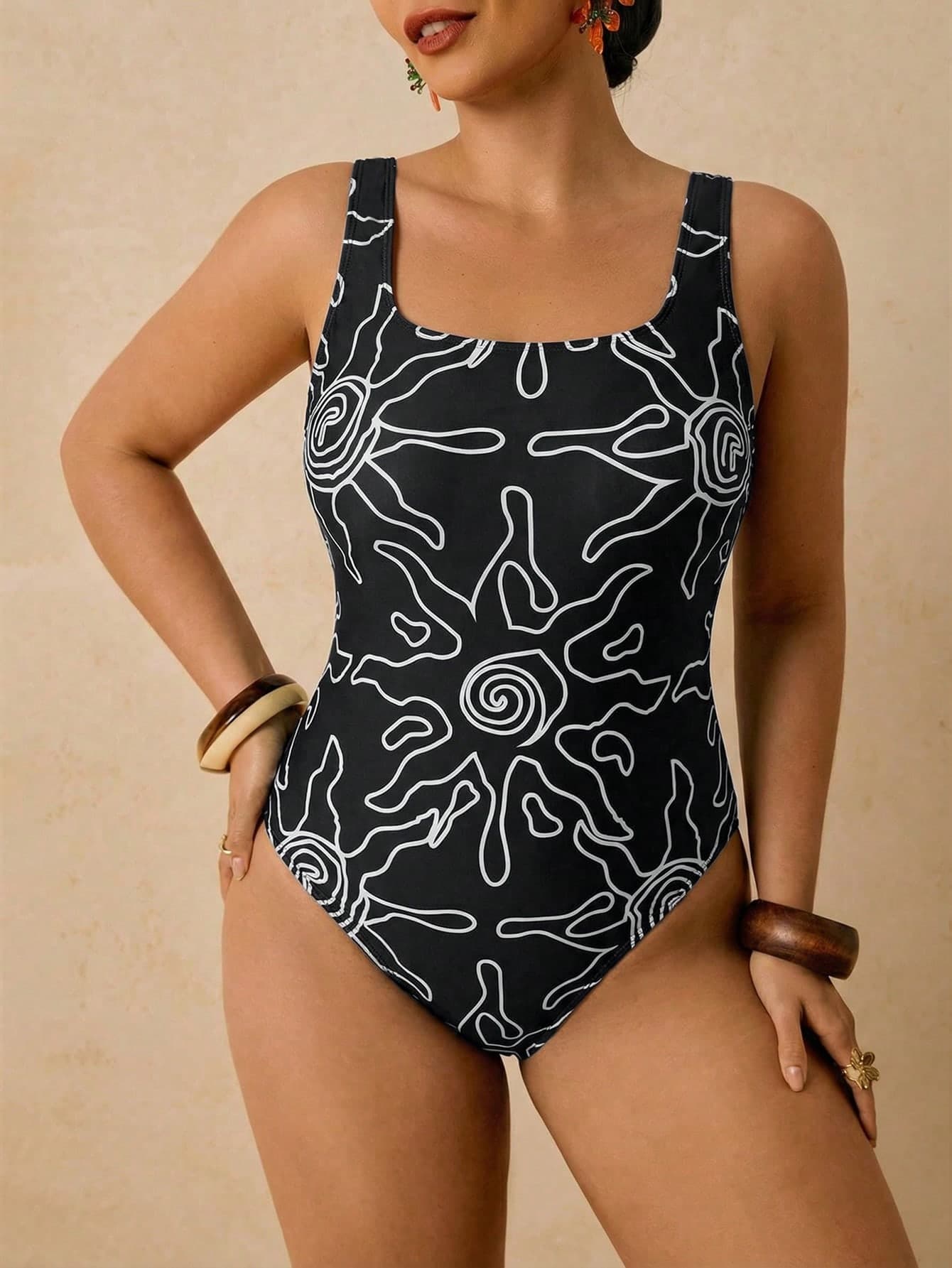 Travachic Plus Size Women's Red Sunline Print One-Piece Swimsuit, Romantic Early Spring Beach & Spa Swimwear Summer Vacation