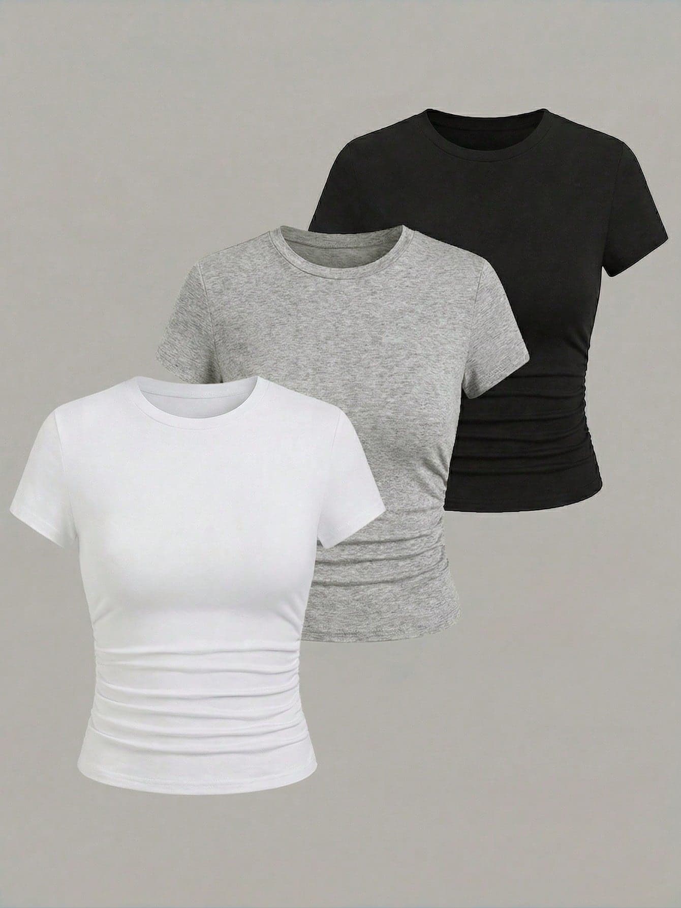 EMERY ROSE Women's Solid Color Round Neck Short Sleeve Casual Versatile Yoga Body Shirts Multipack T-Shirt Fitted Tops,Black And White Summer Everyday