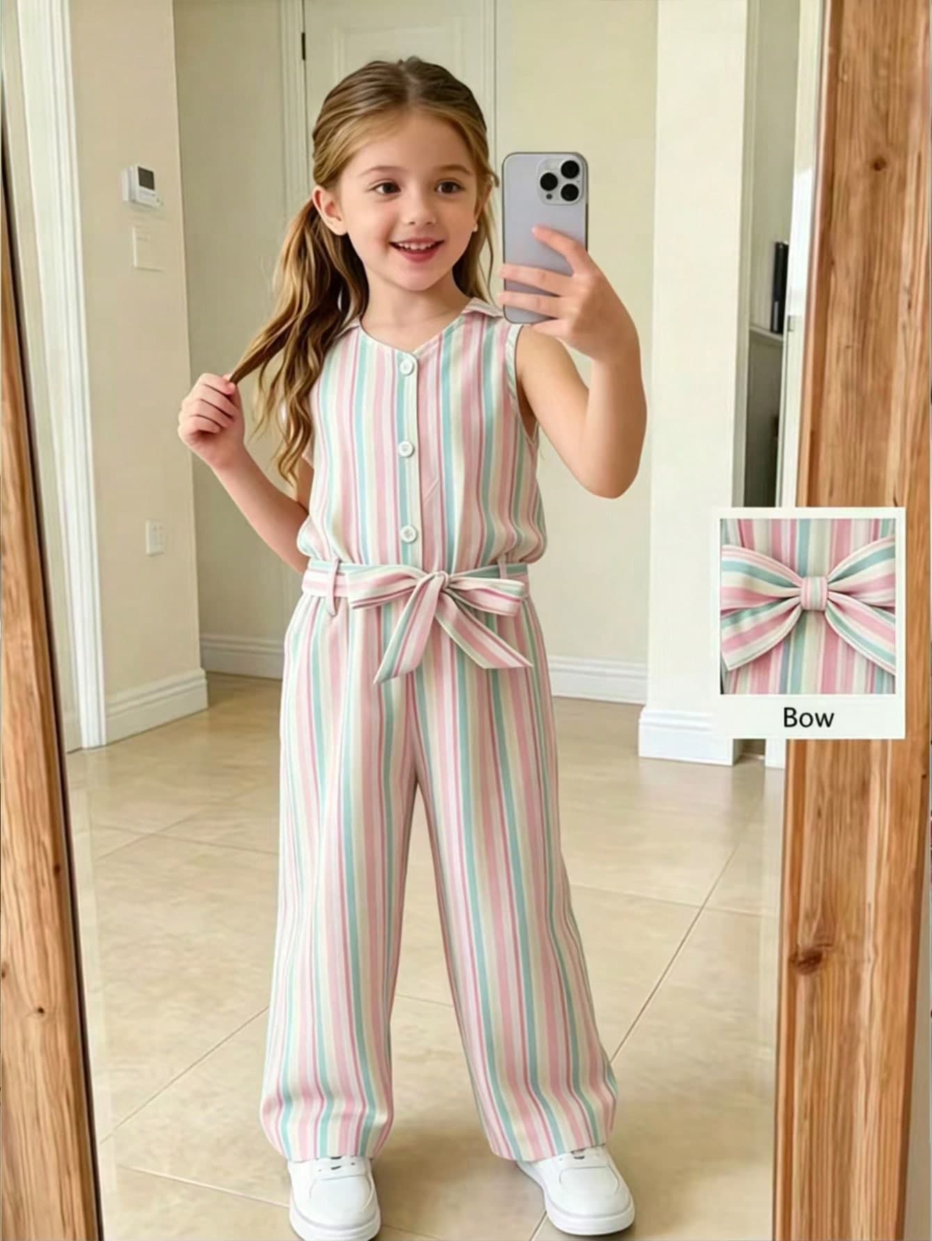 Elladie kids Girls'Casual White Summer Birthday Collared Button-Front Belted Soft Crinkle Denim Look Jumpsuit Pants,Suitable For Autumn,Picnics,Outings,Daily Wear