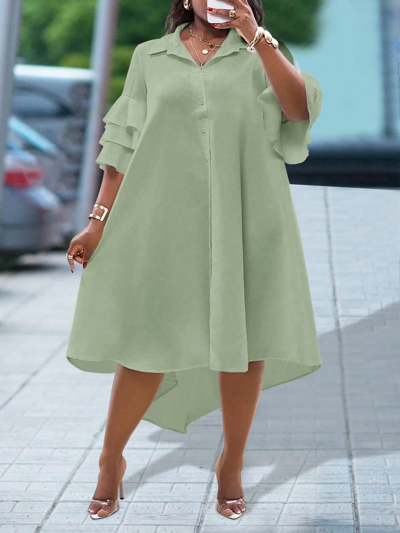 Slaydiva Women Solid Color Simple Casual Beach Short Sleeve Layered Ruffle Sleeve Shirt, Uneven Hem Mid-Length Dress,Graduation Dress
