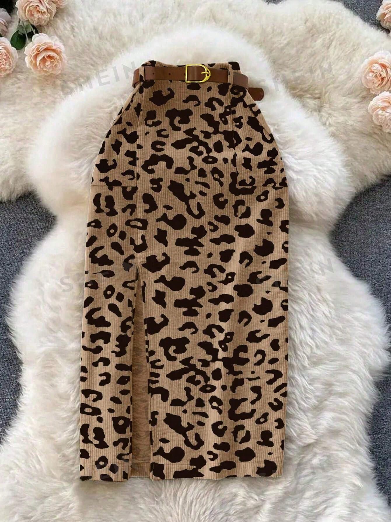 Franclia Women's Khaki Leopard Corduroy Pocket Slit Skirt With Belt Slit Leopard Print Skirt