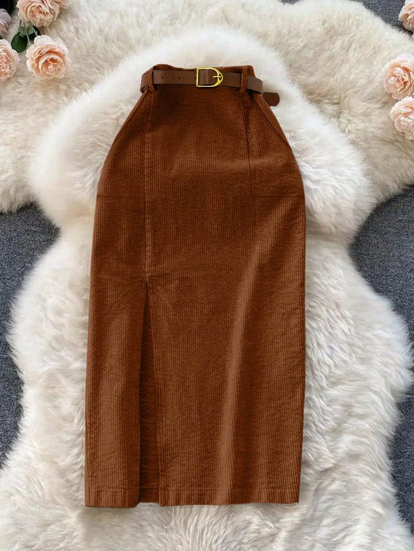 Franclia Khaki Corduroy Pocket Slit Skirt With Belt