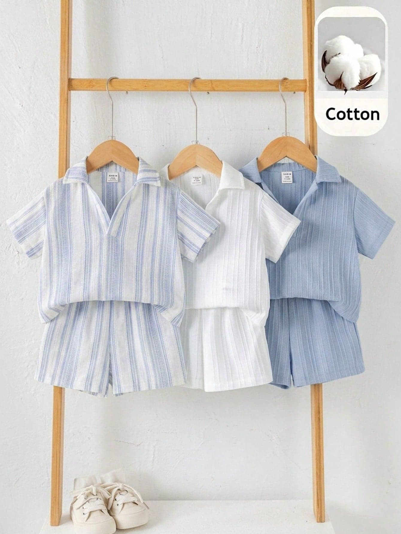 SHEIN 6pcs/Set Baby Boy Blue Summer Casual Family Matching Striped Short Sleeve Polo Shirt & Elastic Waist Shorts Set,Cute Birthday Party Wedding