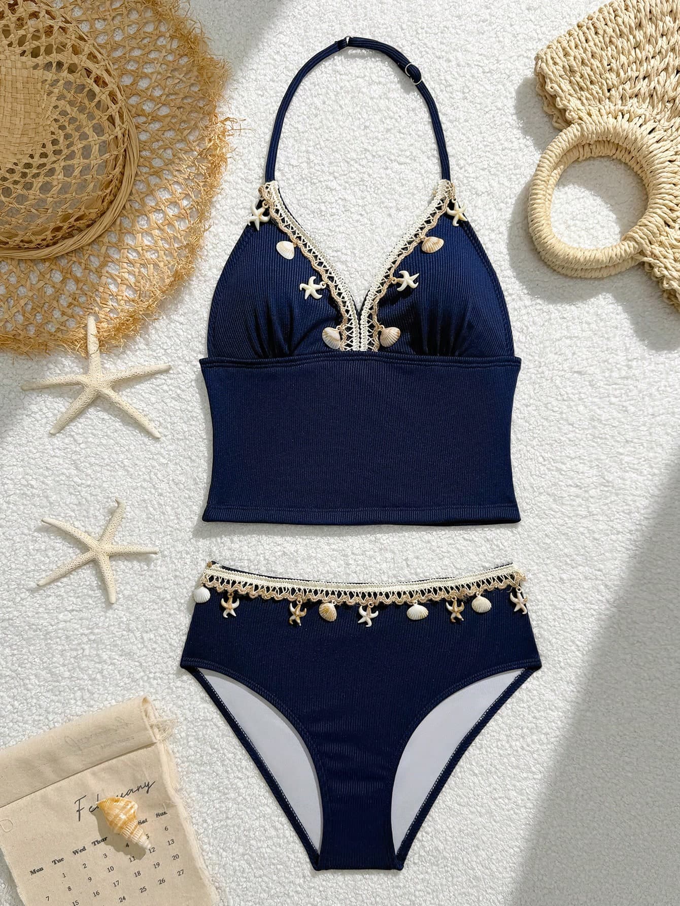 SHEIN Tween Girls Tankinis - Navy Blue Ribbed Fabric With Shell & Starfish Decor, Adjustable Spaghetti Strap, Separate Triangle Bottoms