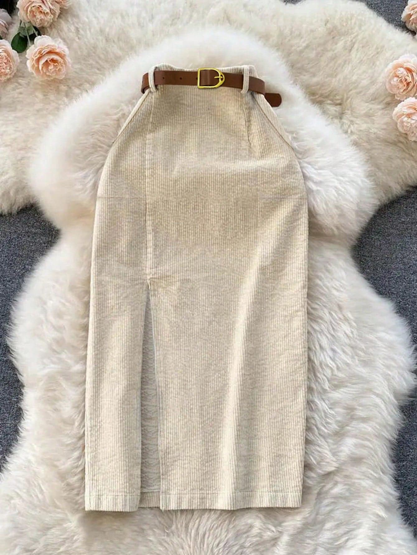 Franclia Long Beige Slit Skirt For Women Casual Plain Woven Fabric Design With Zipper