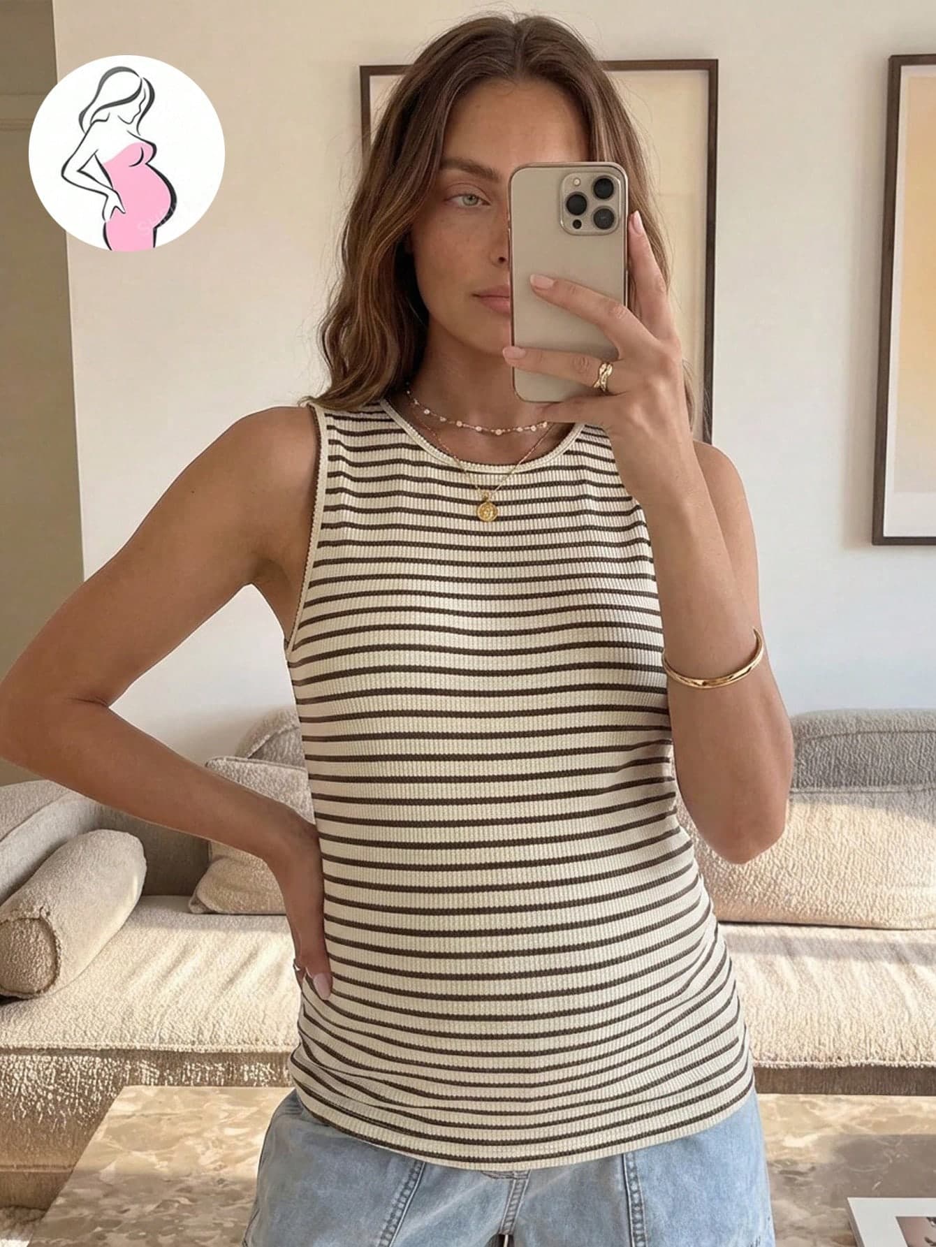 Slowluna Maternity Round Neck Sleeveless Fitted Striped Tank Top, Versatile For Summer