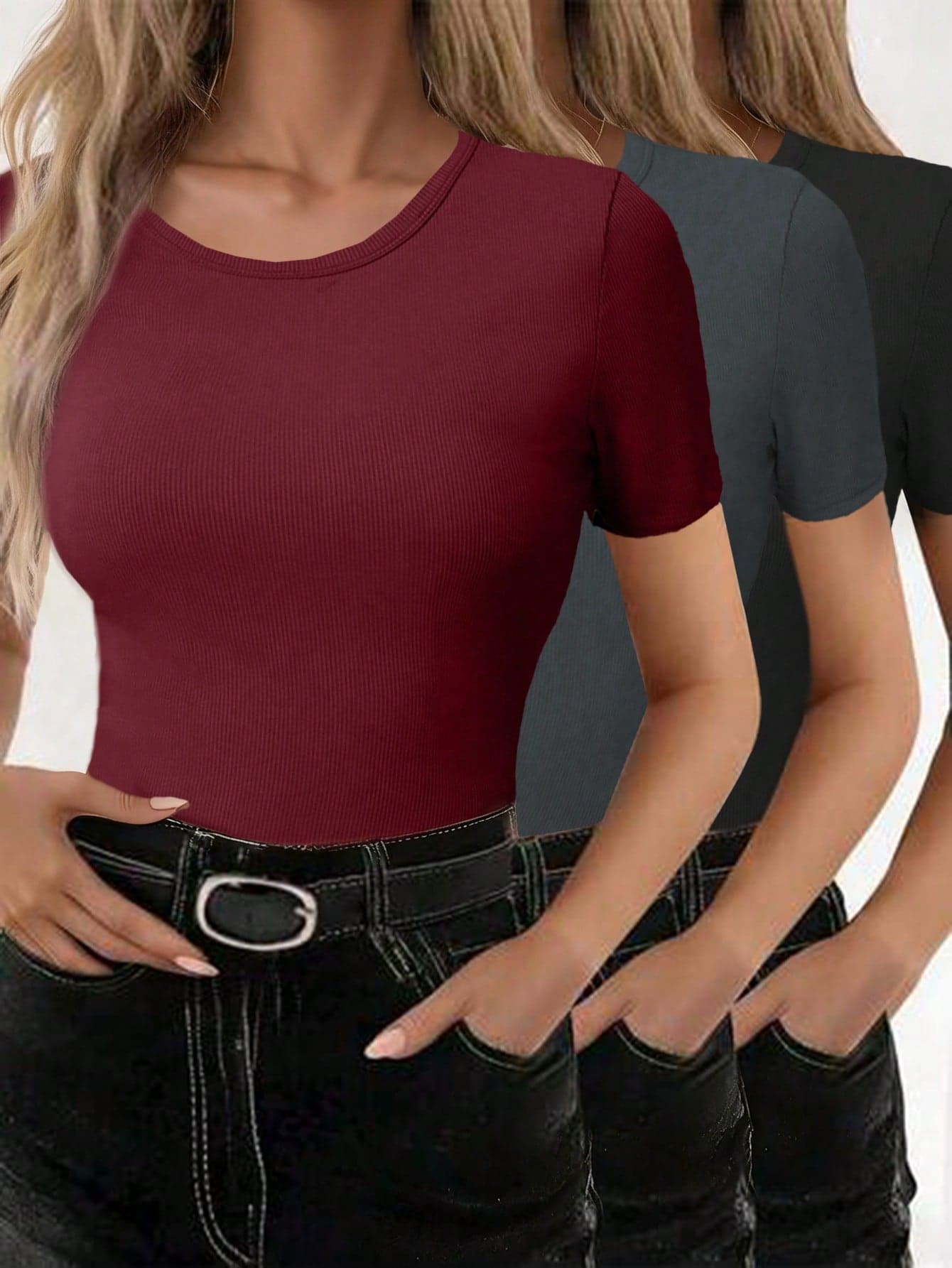 SHEIN Women's Solid Color Round Neck Casual Versatile Daily Wear Short Sleeve T-Shirt