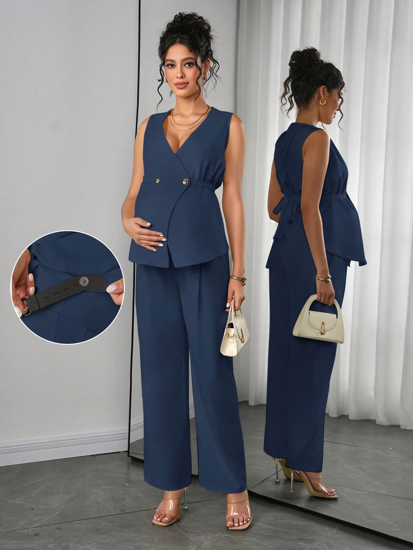 Momance Elegant 2 Pieces Set: Solid Color Double-Breasted Vest And Pants For Pregnant Women