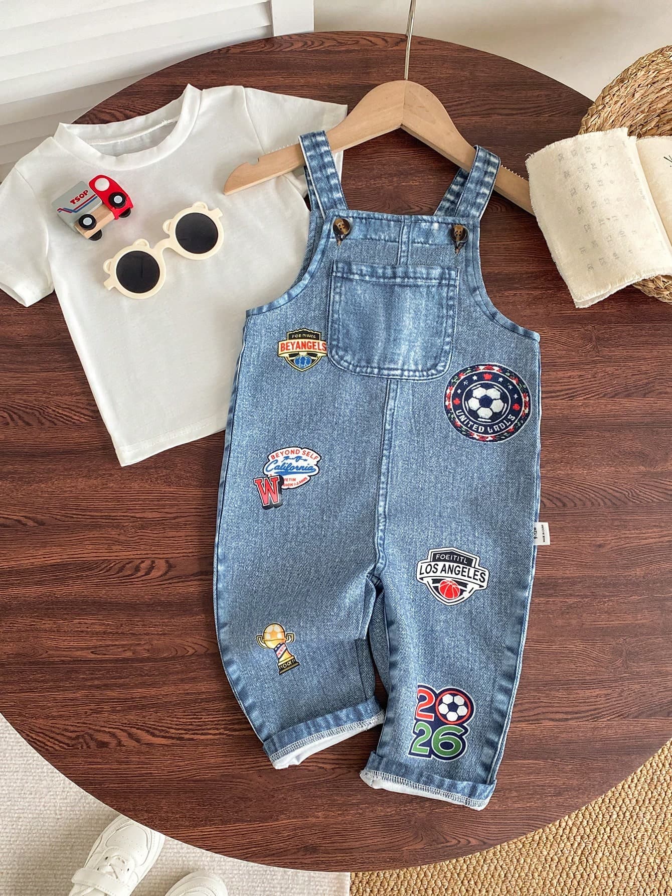 SHEIN Playful Pals 1pc Baby Boys' Blue Cute Retro Dinosaur & Car & Letter Print Bib Pants Autumn Back-To-School Vacation Casual Dungaree Toddler Overalls Clothes