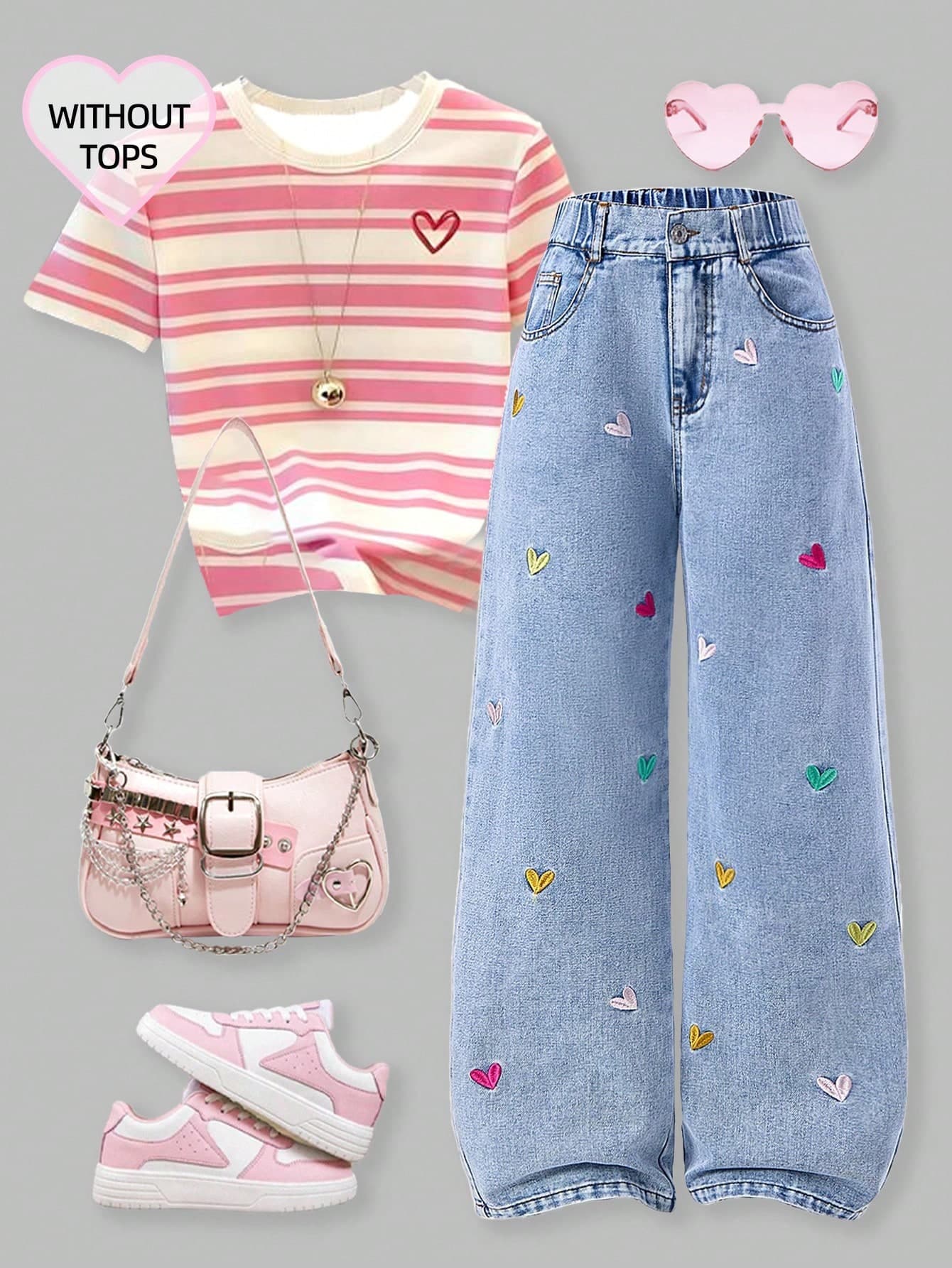 Tween Girls Jeans,Light Blue,Autumn,Cute,School,Back-To-School Fashionable Snow Wash Distressed Wide Leg Pants With Colorful Heart Embroidery,Loose
