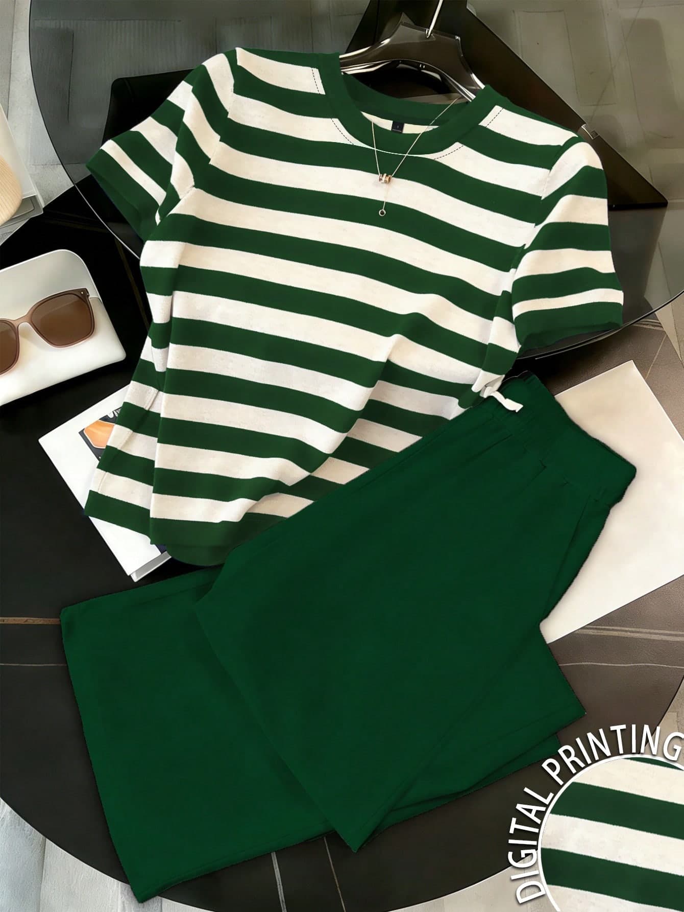 Resyla Women's Striped Short Sleeve Top And Pants 2 Pieces Casual Outfit