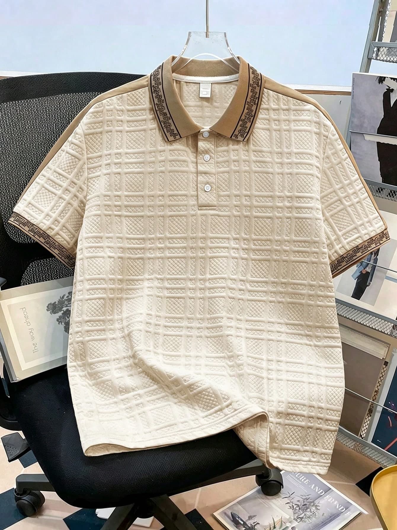 Manfinity Joysei Men's Casual Vintage Textured Patchwork Ribbed Collar Polo Shirt, Summer