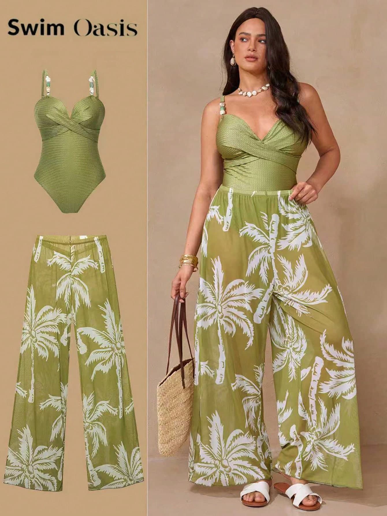 Swim Oasis Plus Size 2-Piece Women Olive Green,Summer,Elegant,Vacation,Holiday Swimsuit&Coconut Tree Print Pants Set,Crossover Strap Marble Print Swimwear