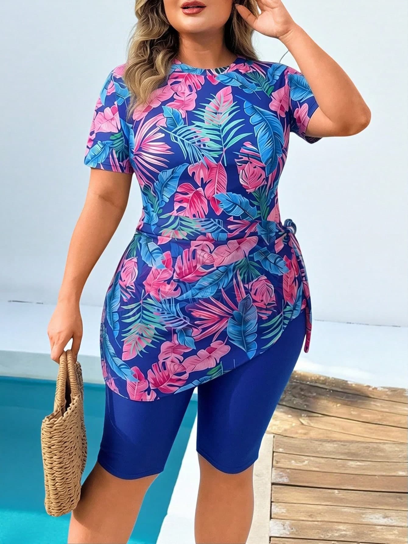 Swim Mulvari Plus Size Women Summer Beach Vacation Gym Floral Print Short Sleeve Top And Shorts Burkinis Swimwear Set Light Blue Navy Blue Tropical Filipiniana