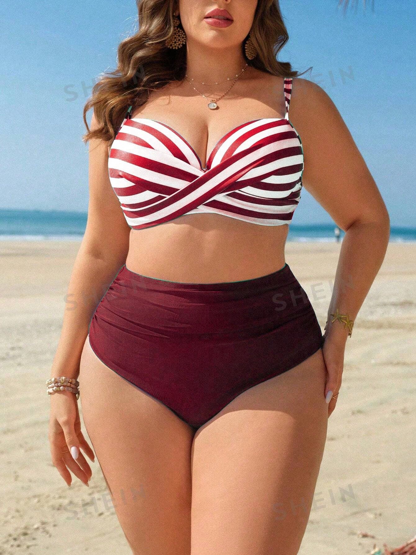 Swim Lushoire Plus Size Striped Print Padded Underwire Tankini Top With Solid High Waist Ruched Bottoms,Women White Swimwear Set For Summer Beach Vacation Holiday