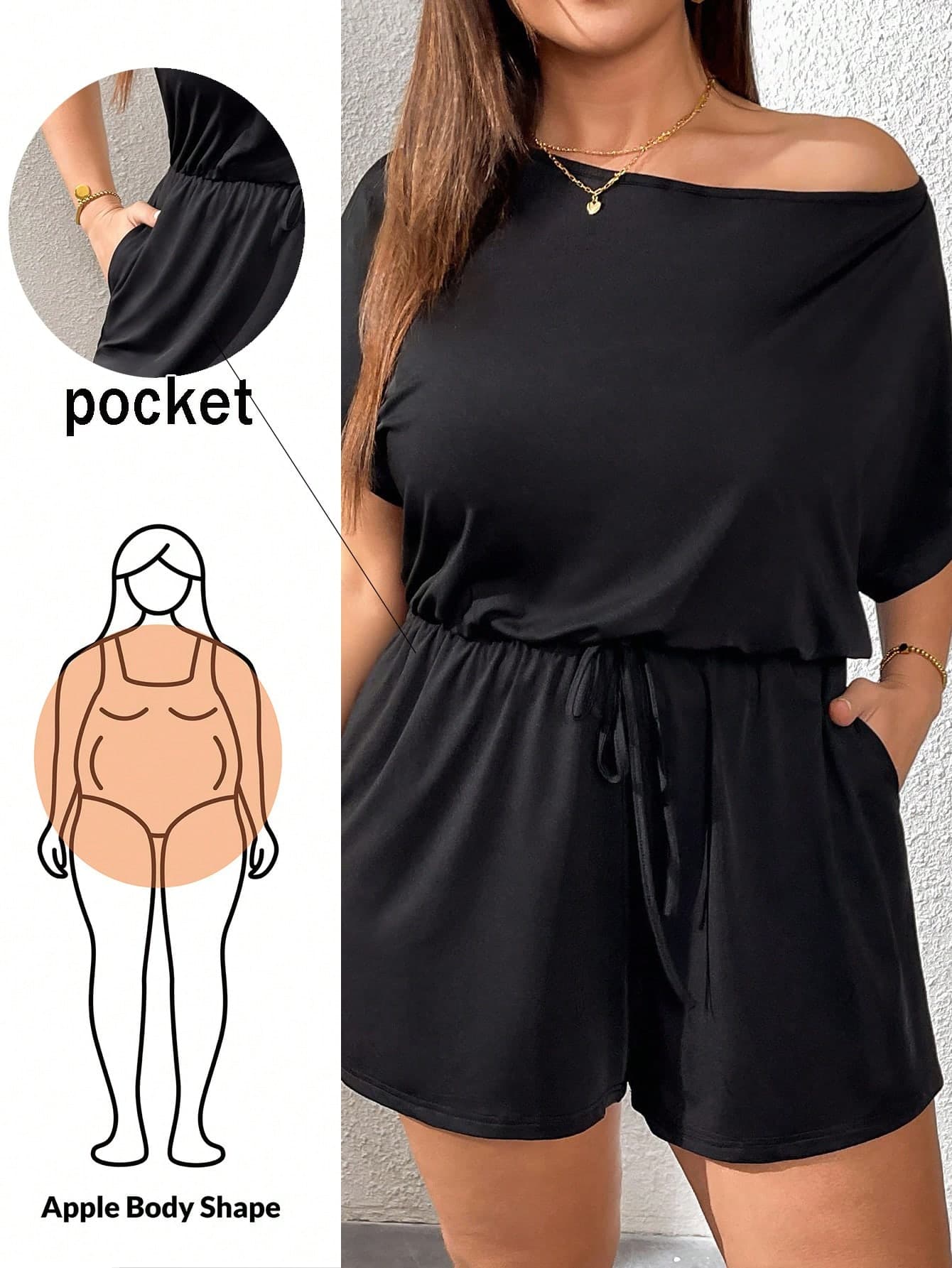 SHEIN Essnce Plus Size Women's Romper,Black,Summer,Smart Casual,Holiday,Off-The-Shoulder Casual Jumpsuit,Rave Festival Outfits,Vacation Shorts Outfits For Women