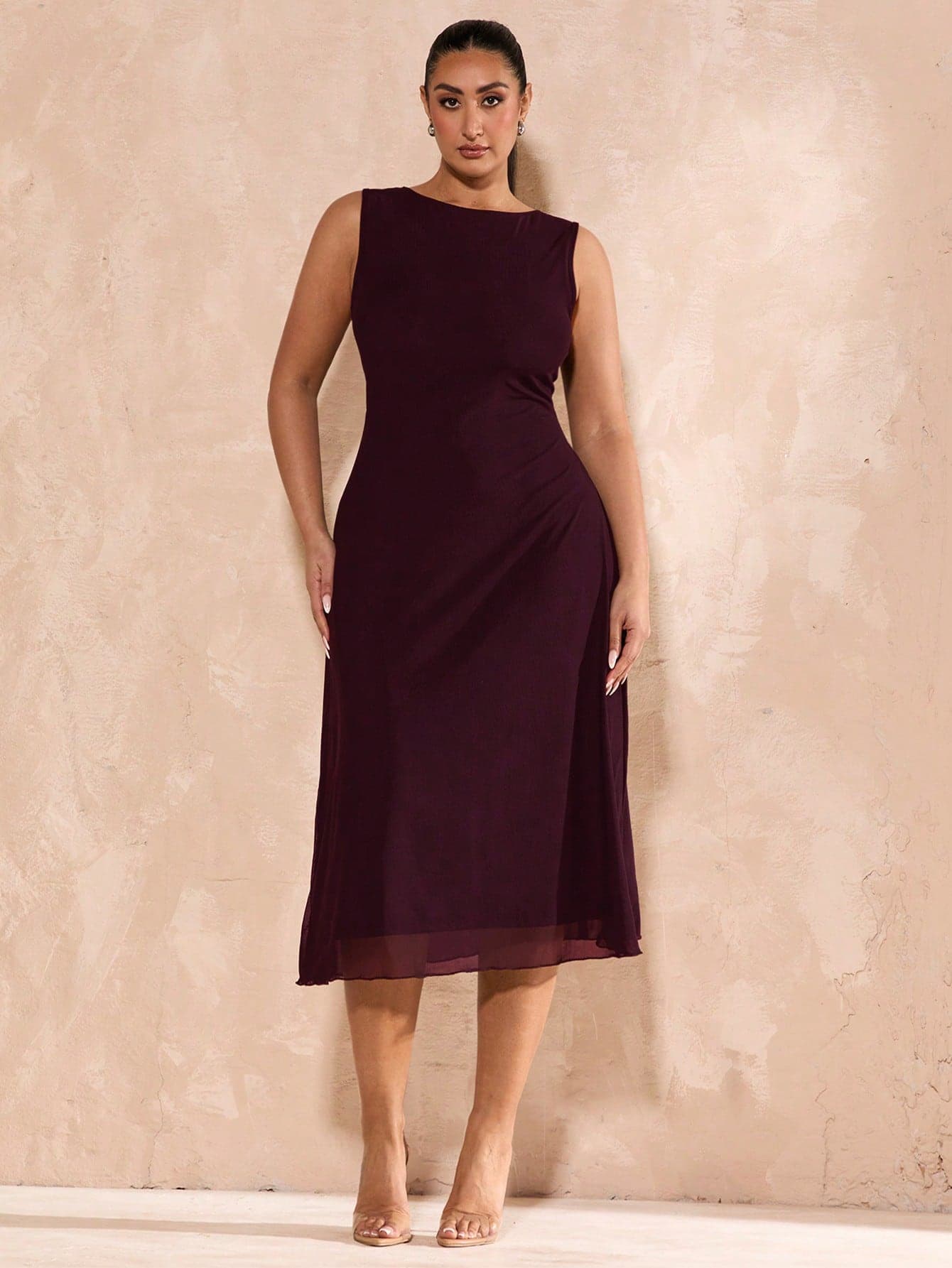 SHEIN BAE Plus Size Women's Dark Purple Mesh Elegant Autumn Wedding Mid-Length Bodycon A-Line Knit Dress,French Style Evening Gown,Birthday Party Bridesmaid