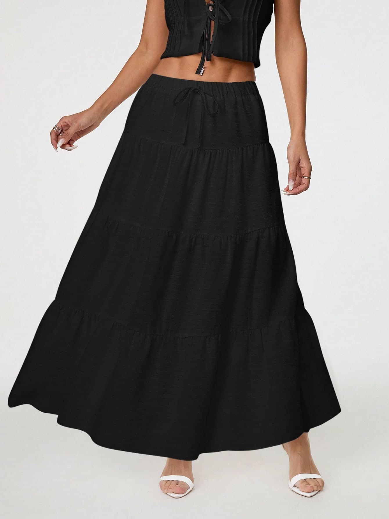 SHEIN PETITE Casual Solid Color Elastic Waist Ruffle Hem A-Line Skirt ,Petite Women