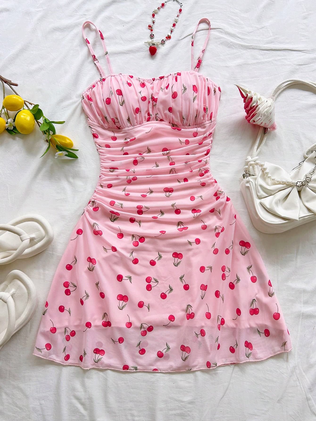 Soleia Women's Summer Vacation Blue & White Floral Mesh Slip Dress Spaghetti Strap Cherry Print Pink Ruched Spring Outfits For Women Dresses Cute Girly Woman