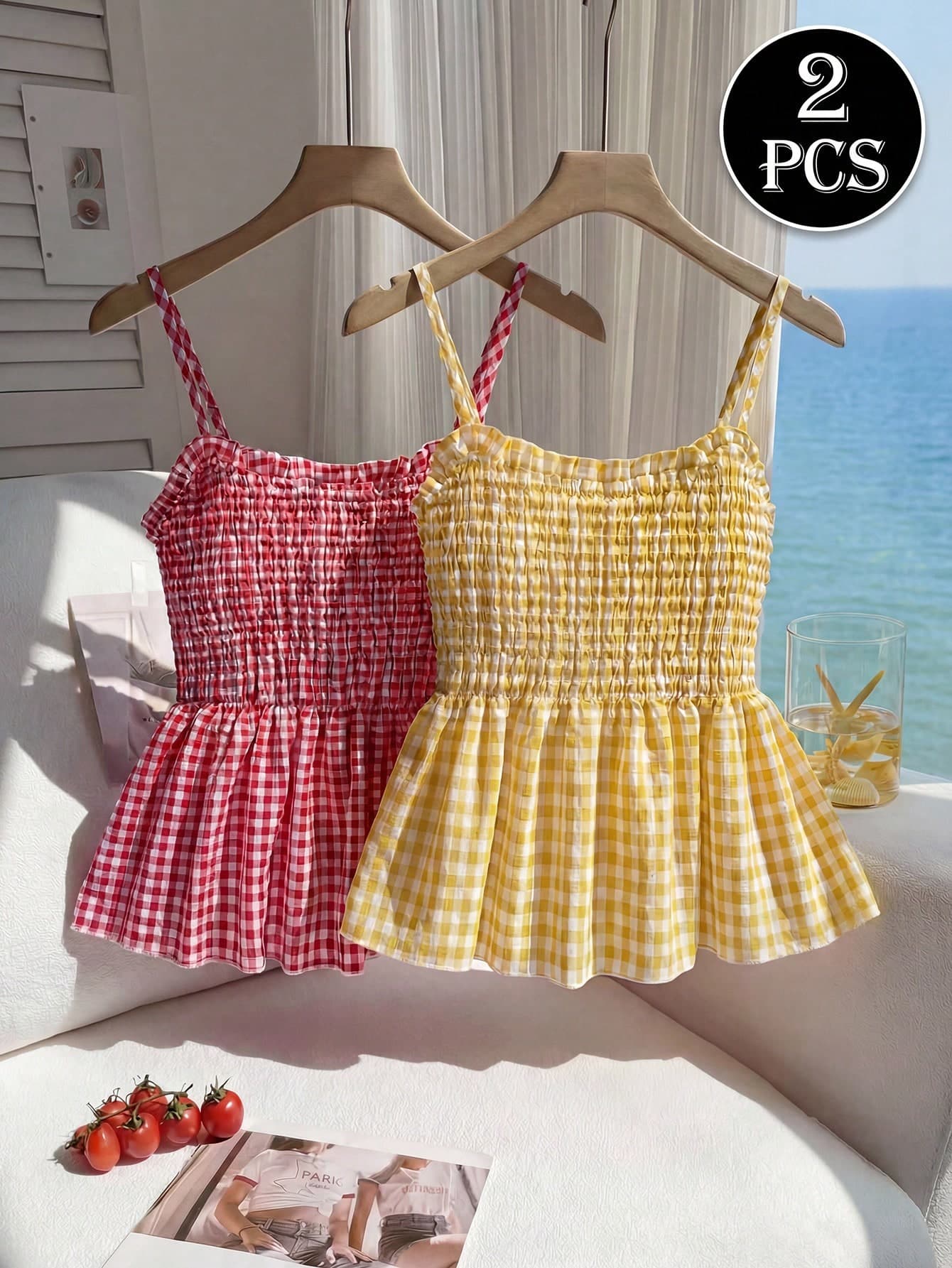 SHEIN Sparklyn 2pcs/Set Girls' Adjustable Strap Gingham Ruffle Camisole, Minimalist Pastoral Sweet Style, Suitable For Casual Daily Wear In Spring/Summer