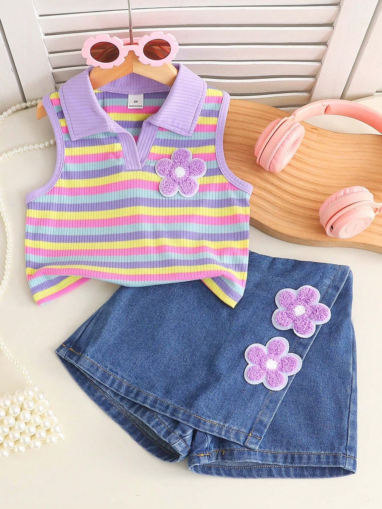 Genkimix Kids 2pcs/Set Young Girls' Summer Colorful Knit Fabric Collared Patchwork Floral Decor Vest Top + Denim Skort,Vintage Cute Retro Kids Clothing Outfits