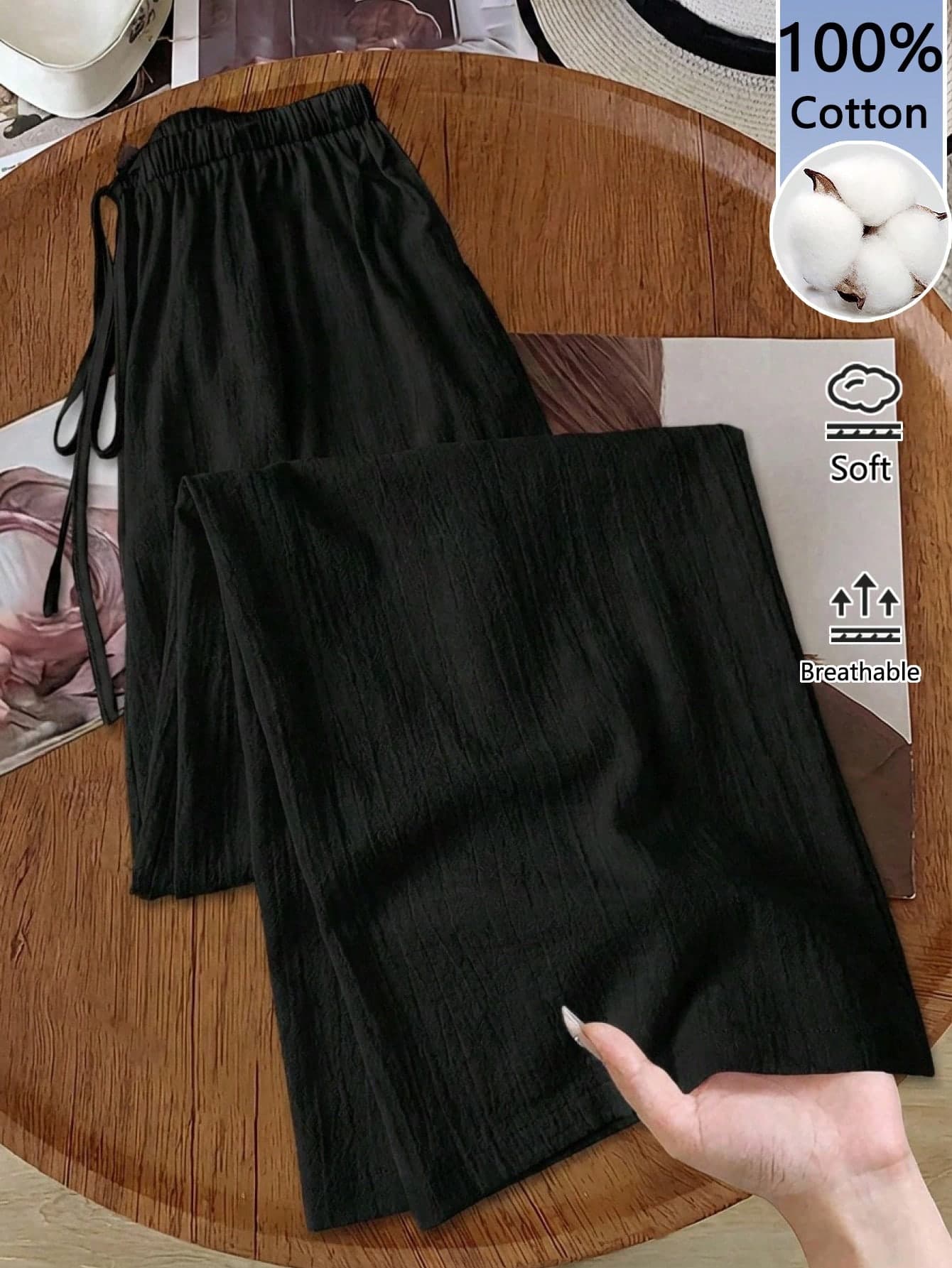 SHEIN LUNE Women's Black Long Cotton Wide-Leg Pants, Comfortable And Fitted, Black Cotton Pants, Women's Casual Pants, Autumn Casual Style
