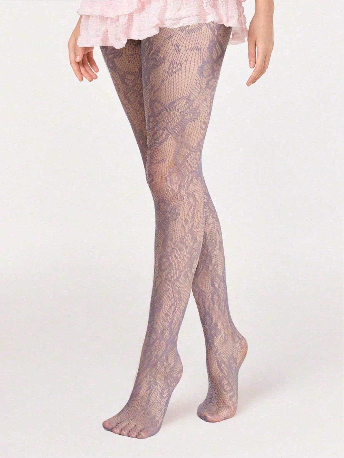 ROMWE Kawaii 1 Pair Of Sexy Floral Lace Fishnet Socks, Retro Purple Opaque Pantyhose, Light And Elastic Transparent Stockings